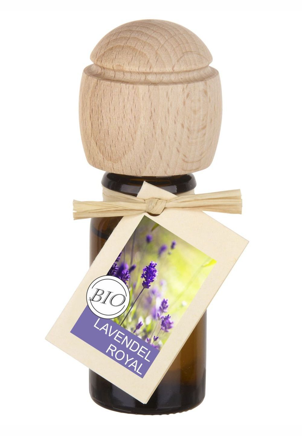 Braune Glasflasche mit Holzverschluss und Anhänger. Aufschrift: Lavendel Royal, Bio-Siegel. Mit Bastband gebunden.