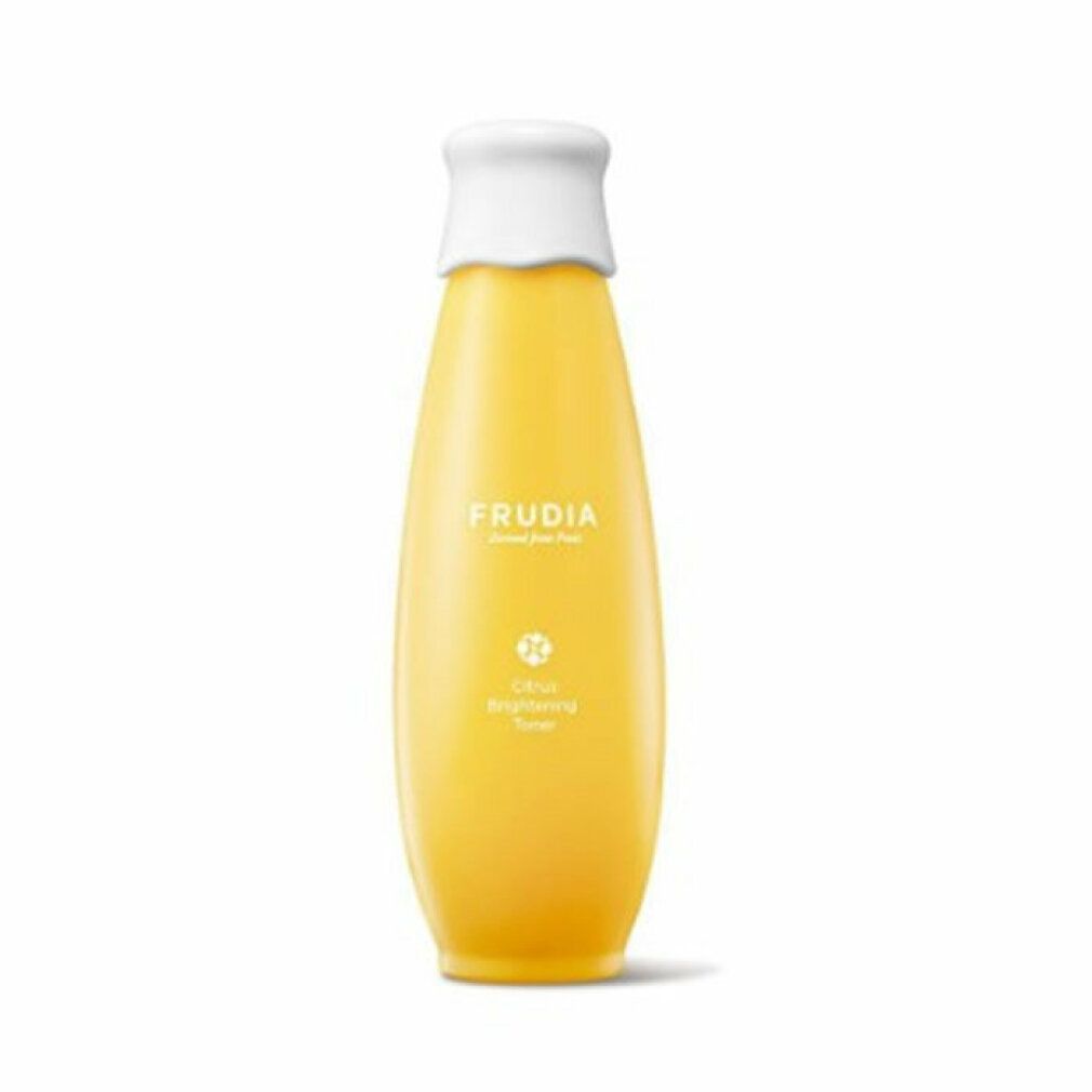Gelbe Flasche mit weißem Deckel. Auf der Flasche steht Frudia Citrus Brightening Toner.