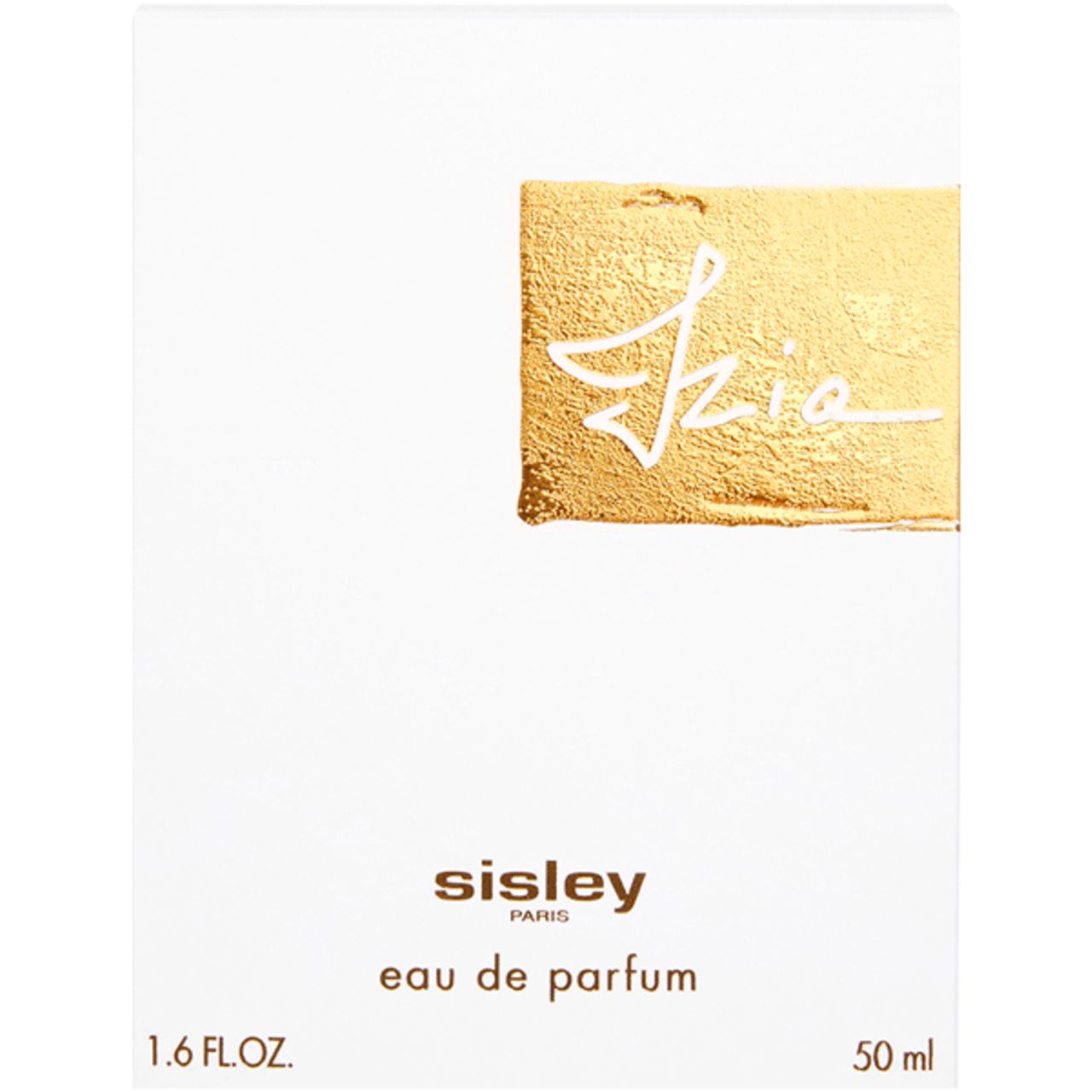 Weiße Verpackung mit goldenem Logo und Schriftzug Izia. Darunter Sisley Paris, Eau de Parfum, 1.6 FL.OZ. und 50 ml.