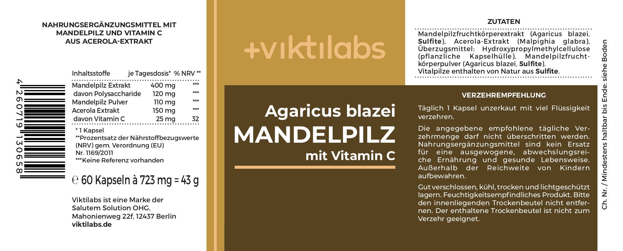 Viktilabs Premium Mandelpilz: Vitalpilz mit Vitamin C