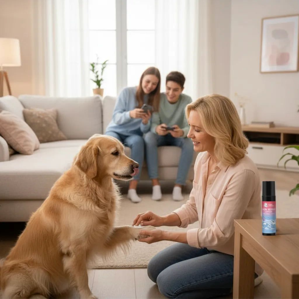 Frau mit Hund, der die Pfote gibt. Auf dem Tisch steht eine Lotion-Flasche Skin Repair, Marke Yuki cares.