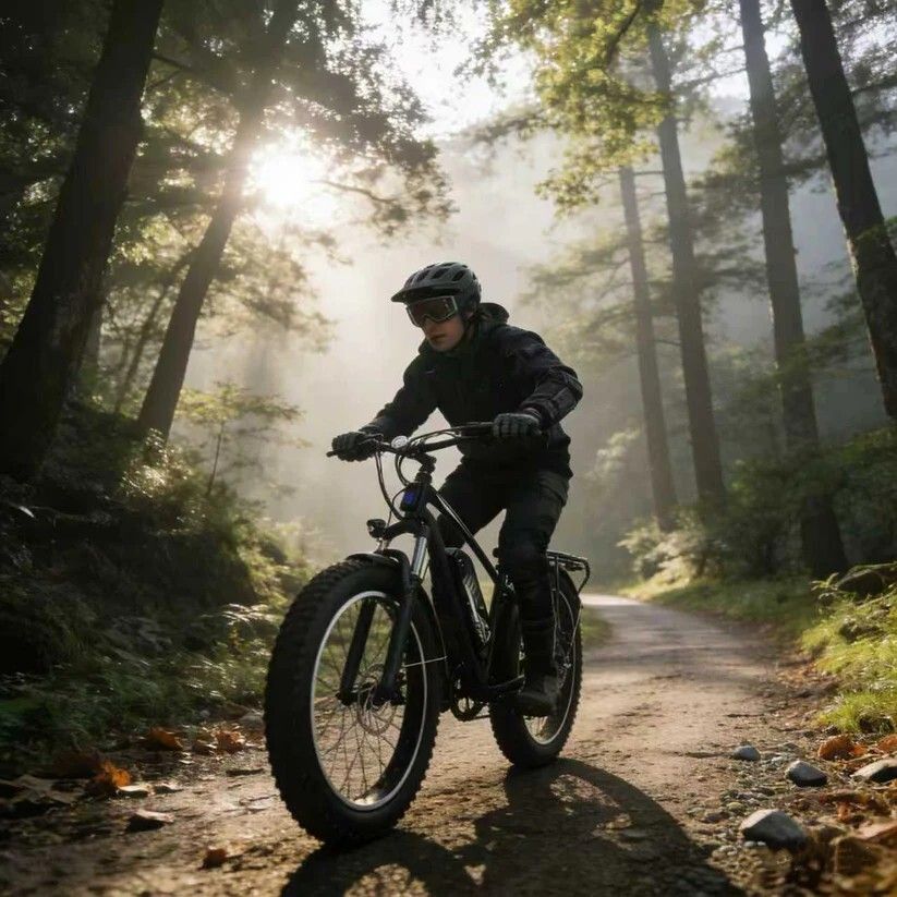 Person fährt Elektrofahrrad auf einem Waldweg. Die Umgebung ist von Bäumen geprägt.
