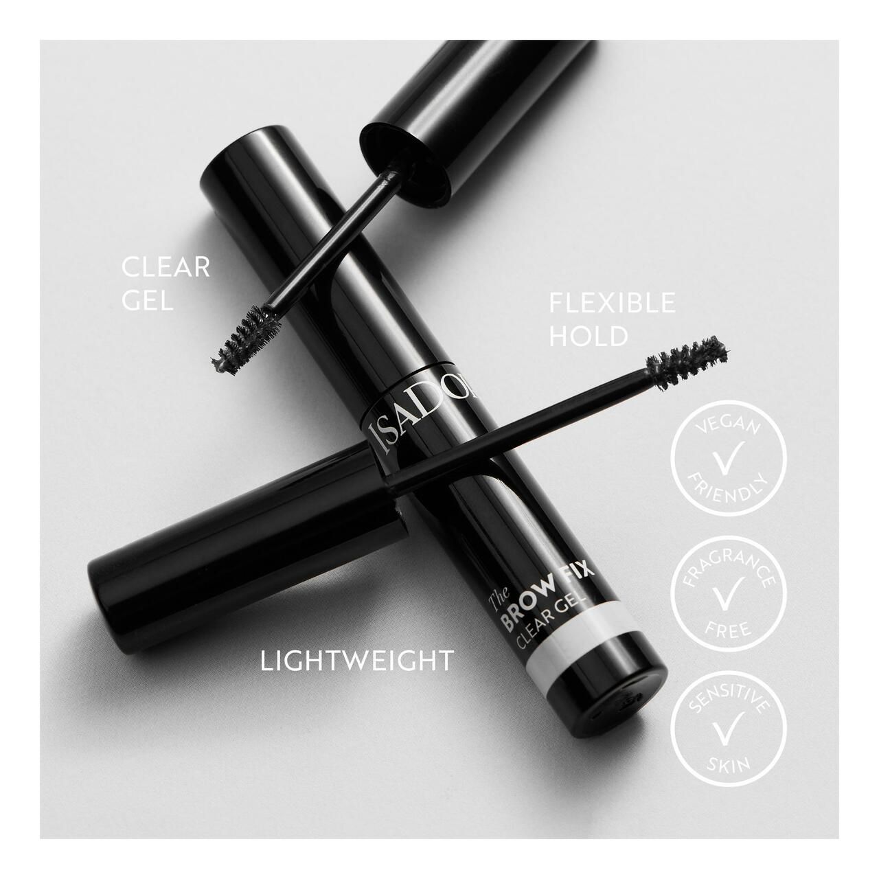 IsaDora Brow Fix Clear Gel und Bürste. Vegan, parfümfrei, für empfindliche Haut.