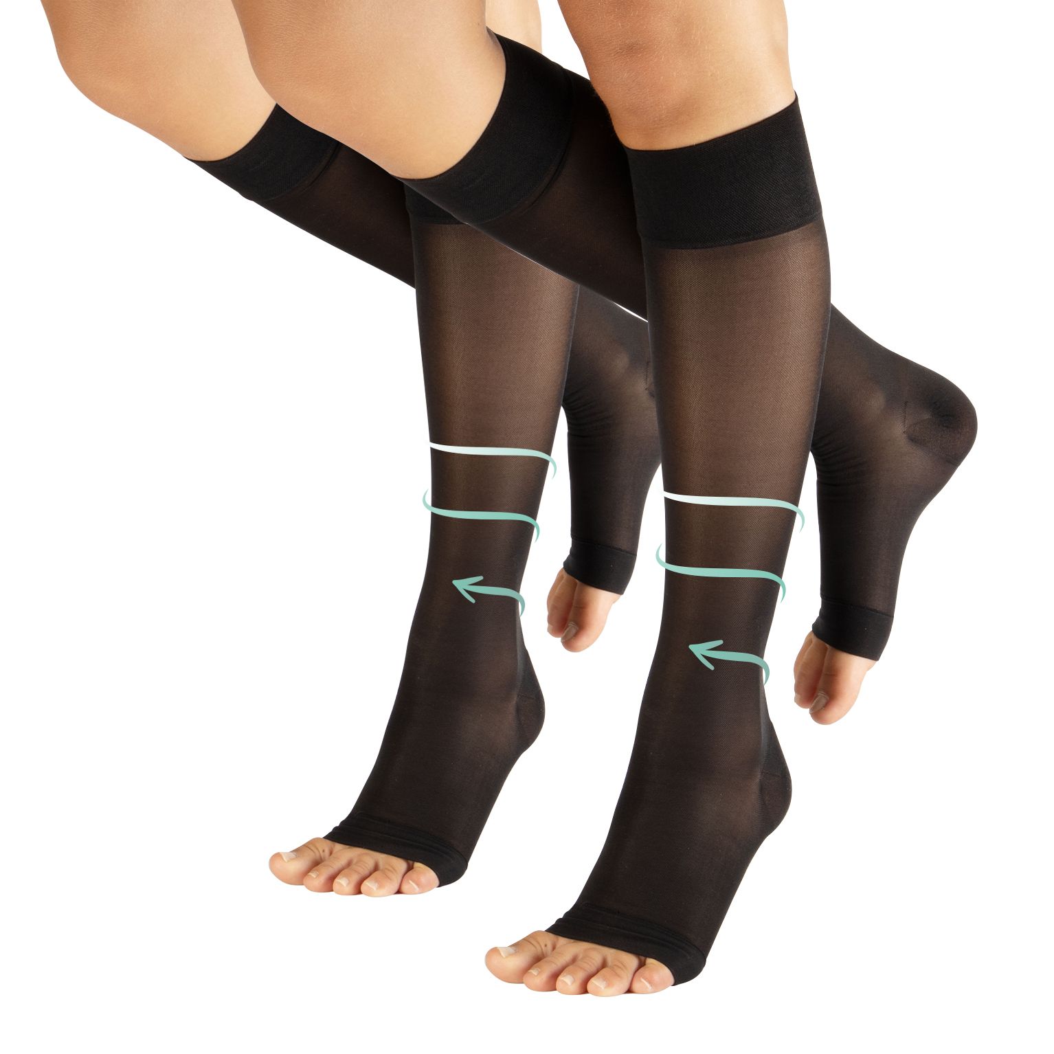 Schwarze, offene Zehen Kniestrümpfe. Kompressionsstrümpfe mit verstärkter Ferse. Made in Italy.