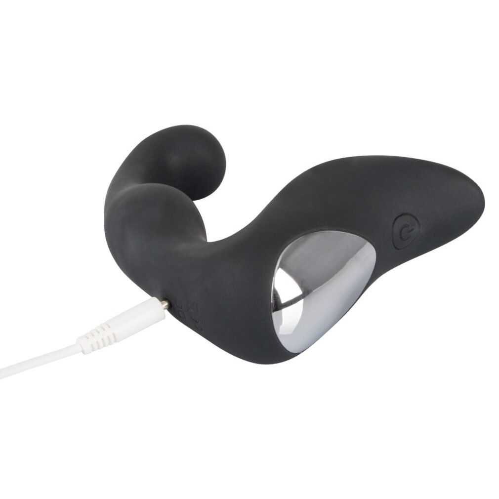 Schwarzes Wellness-Produkt mit weißem Kabel. Abgerundeter Kopf, gebogene Form. Silberfarbener Akzent.