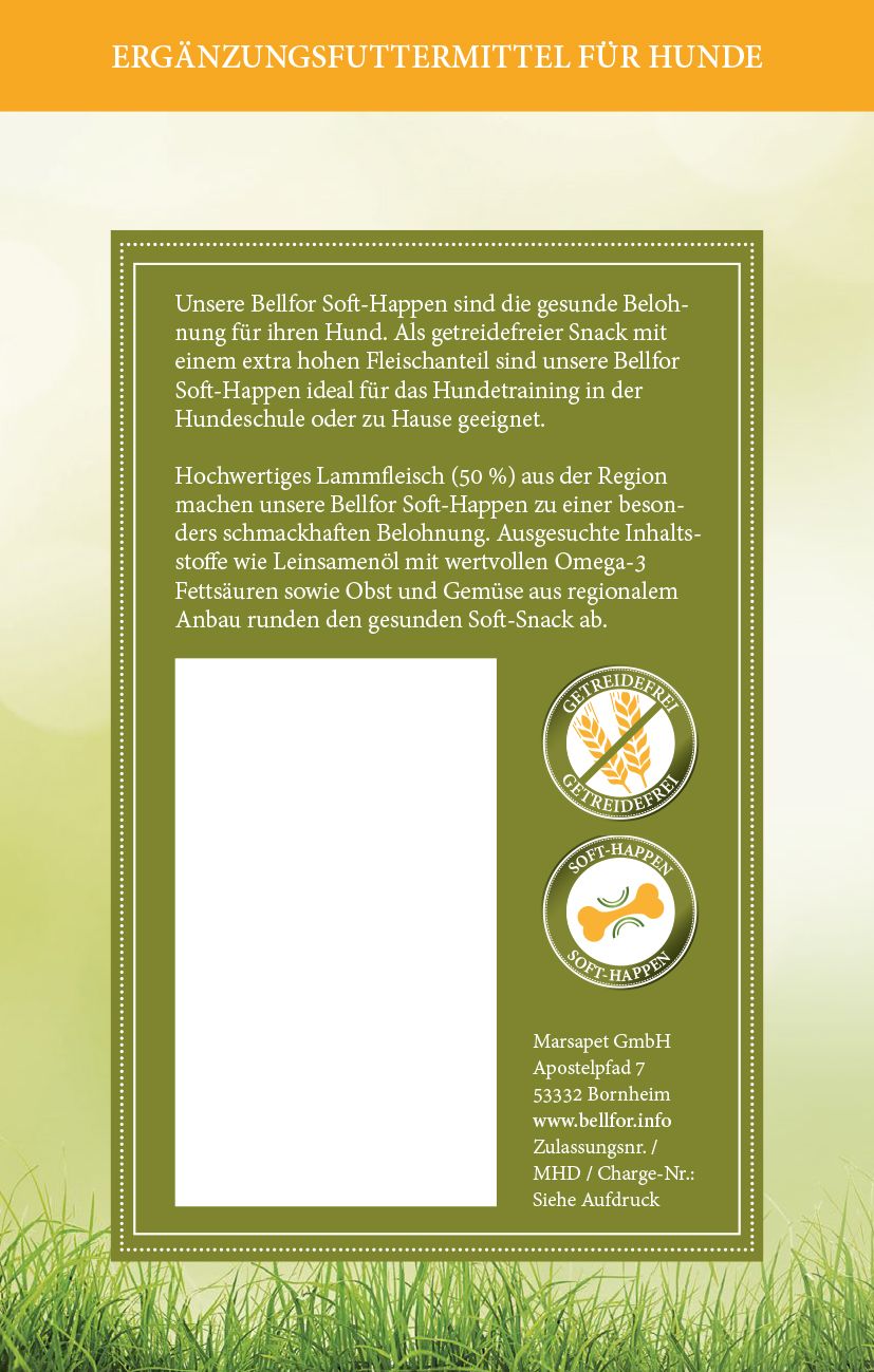 Rückseite der Bellfor Heide-Happen Verpackung. Text, Logos und grüne Gestaltung.