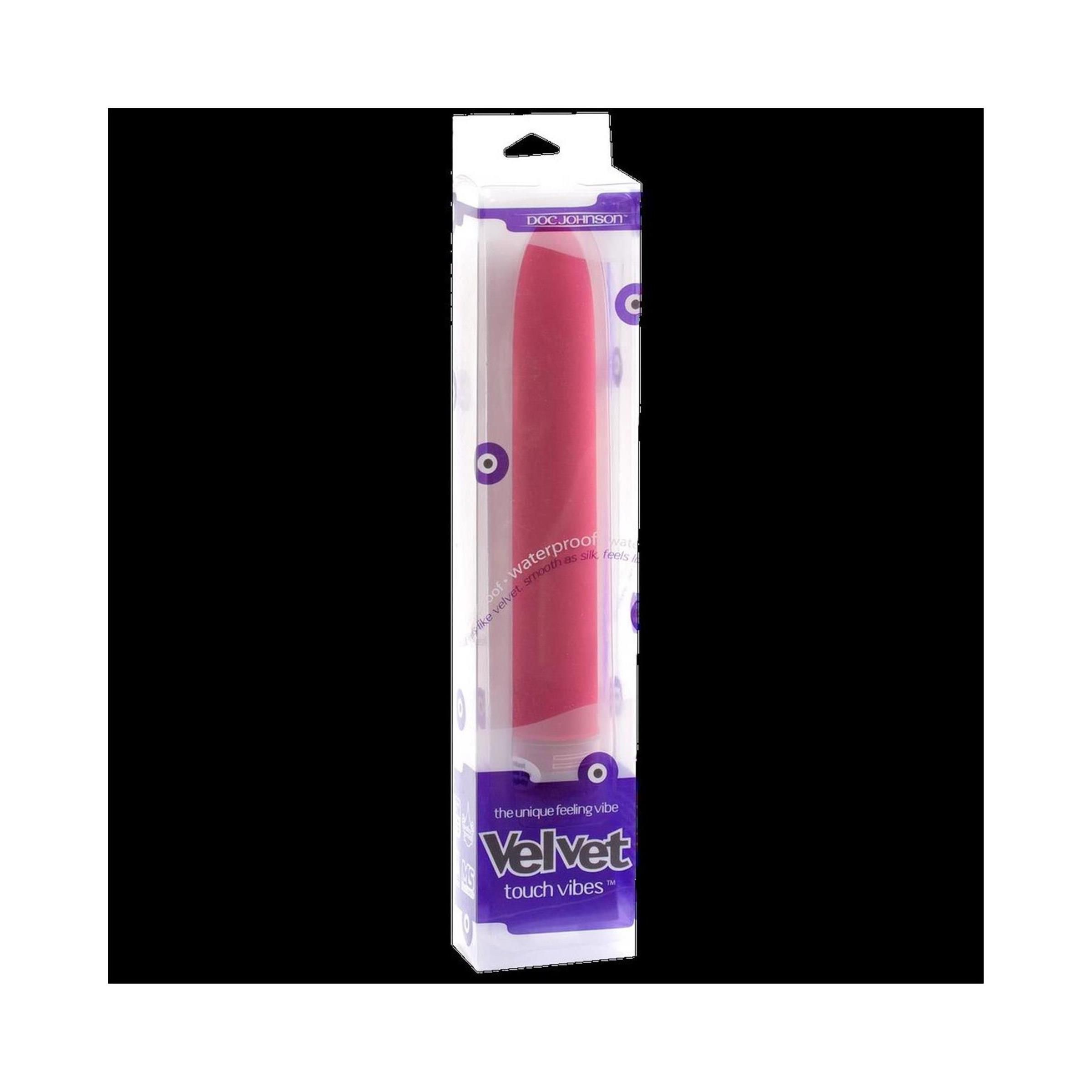 Rosa Vibrator in transparenter Verpackung. Marke Doc Johnson, Produktname Velvet Touch Vibe. Wasserdicht.