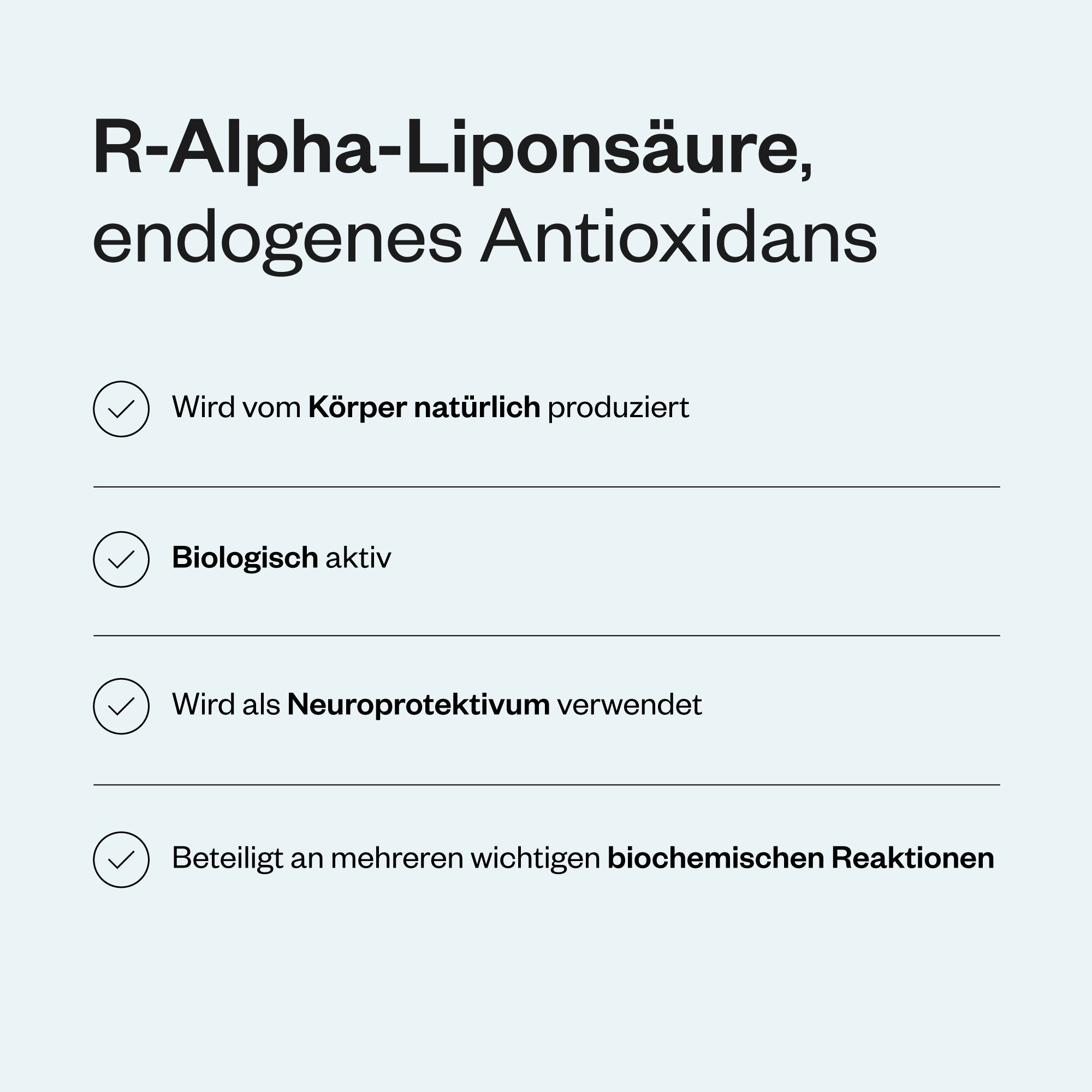 Text: R-Alpha-Liponsäure, endogenes Antioxidans. Aufzählungspunkte: natürlich produziert, biologisch aktiv, Neuroprotektivum.