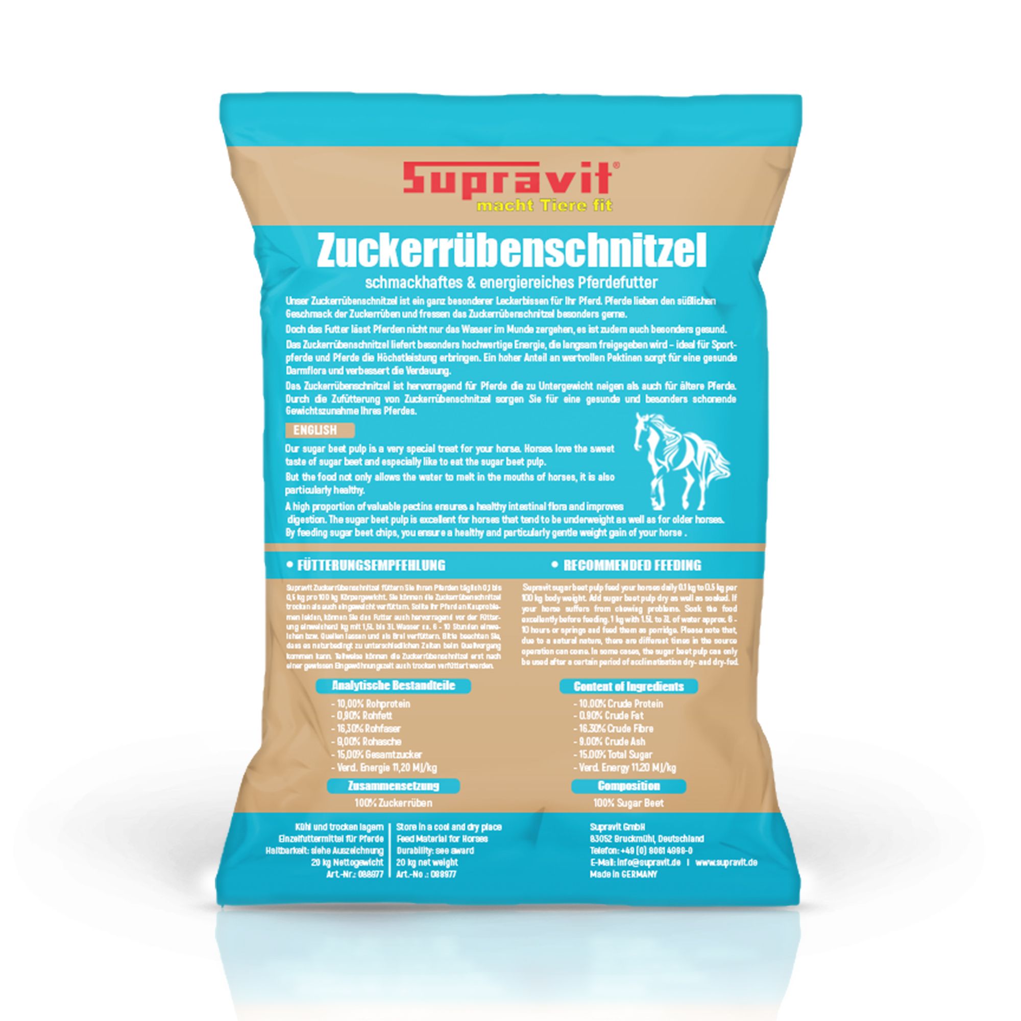 Futtersack. Aufschrift: Supravit Zuckerrübenschnitzel, schmackhaftes & energiereiches Pferdefutter. 20kg.