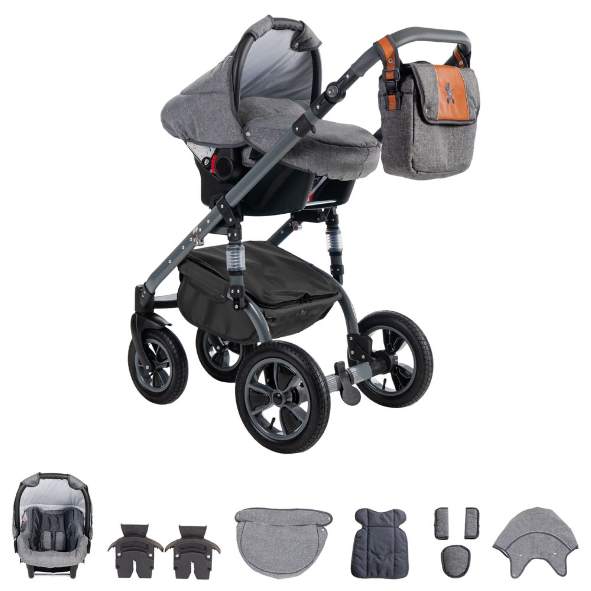 Friedrich Hugo Greyline 3 in 1 Kinderwagen Set Luftreifen, Orange