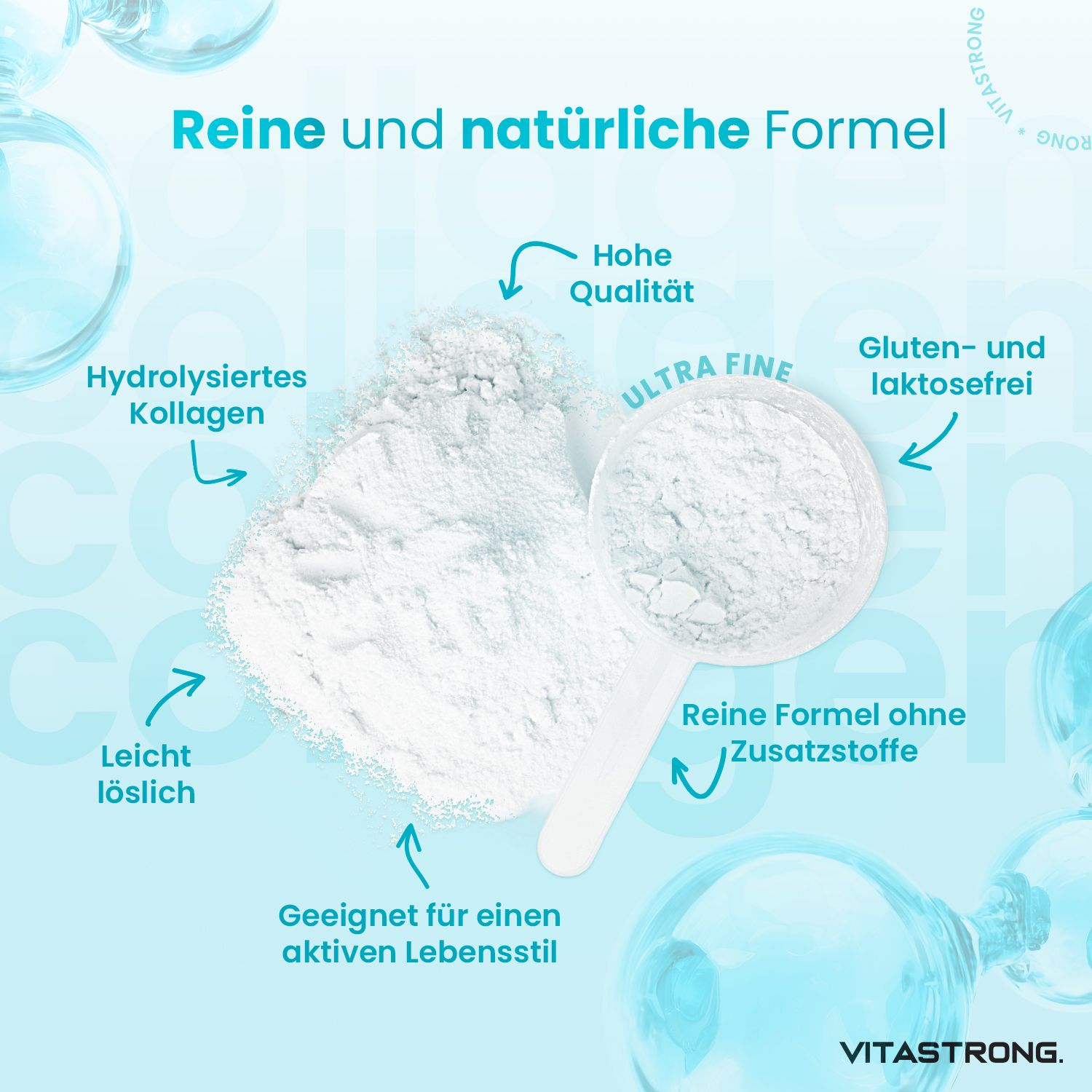 Weißes Pulver in einem Löffel. Begriffe: hydrolysiertes Kollagen, leicht löslich, ohne Gluten oder Laktose, für aktiven Lebensstil.