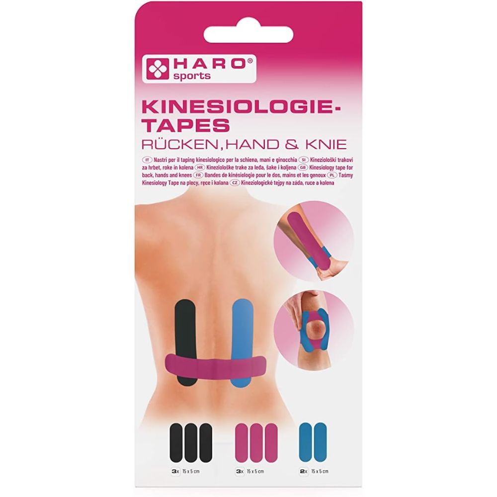 Verpackung mit Haro Kinesiologie-Tapes für Rücken, Hand und Knie. Enthält Tapes in Schwarz, Pink und Blau. Produktabbildungen.