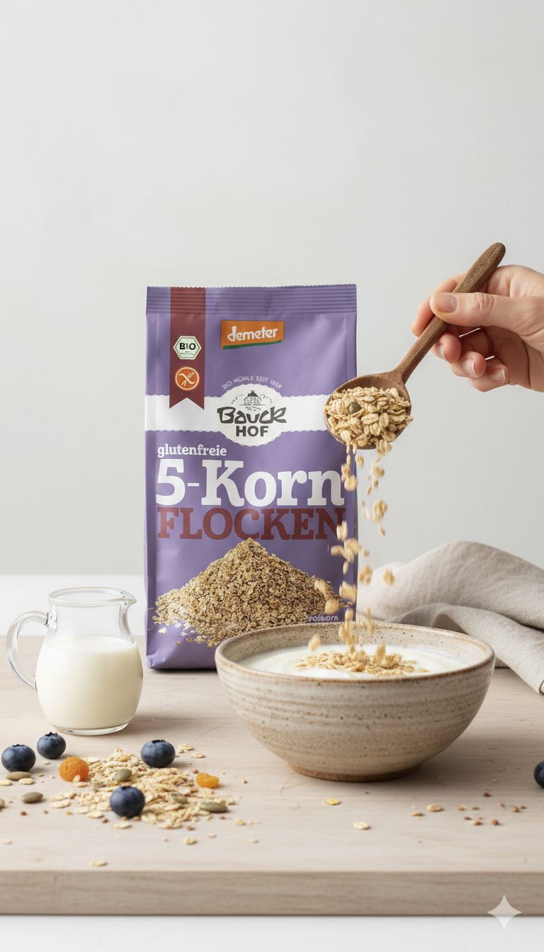 Bauckhof 5-Korn Flocken glutenfrei Packung mit Haferflocken in einer Schüssel und Milch.