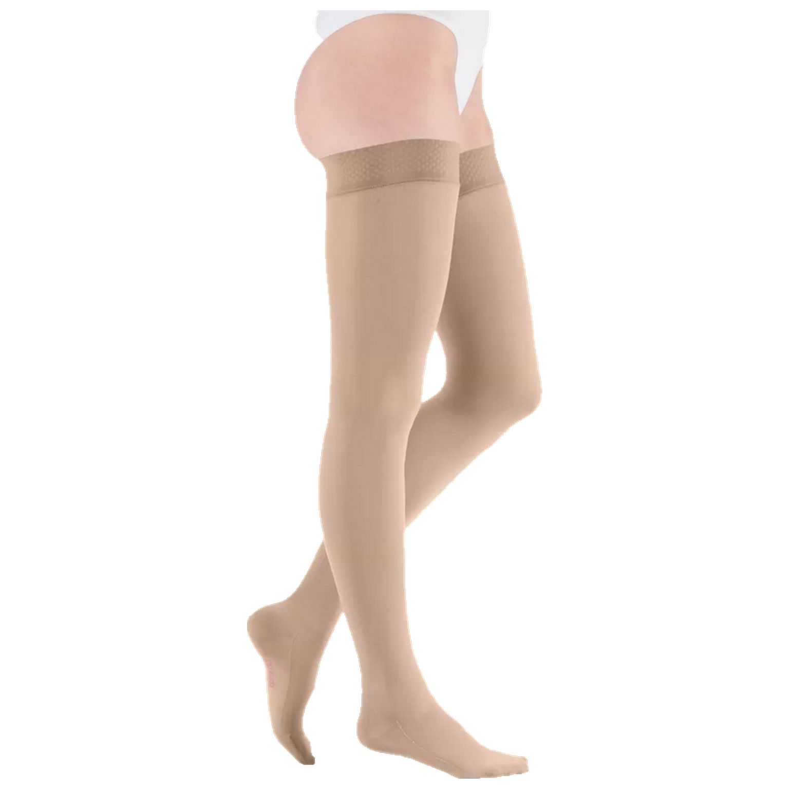 Beige Kompressions-Schenkelstrümpfe. Feinstrick, mit Spitze am Oberschenkel. Seitliche Ansicht.