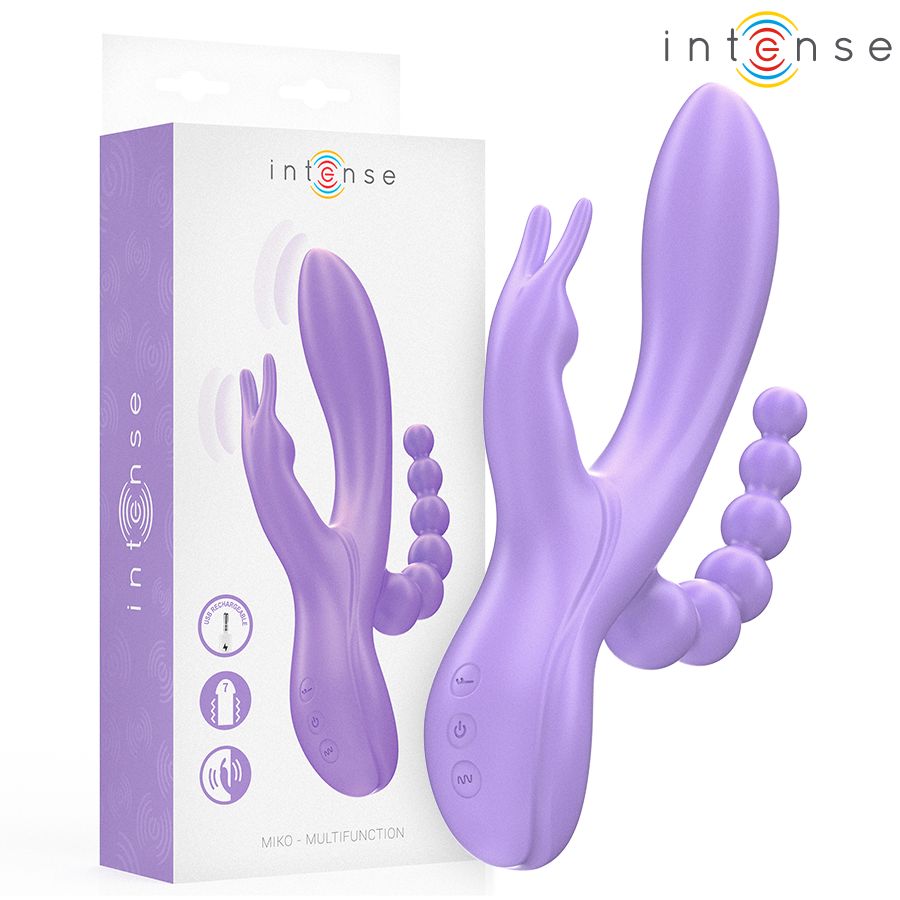 Lila Vibrator mit Kaninchen- und Stimulator-Design, neben Verpackung. Marke: Intense. Produktname: Miko.