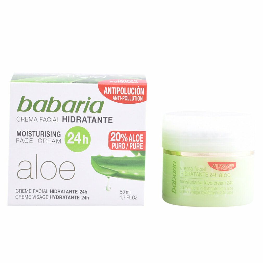 Weißer Karton und Tiegel mit Babaria-Logo. Text: Crema Facial Hidratante, Moisturising Face Cream 24h, Aloe. Roter Aufkleber: 20% Aloe Pura.