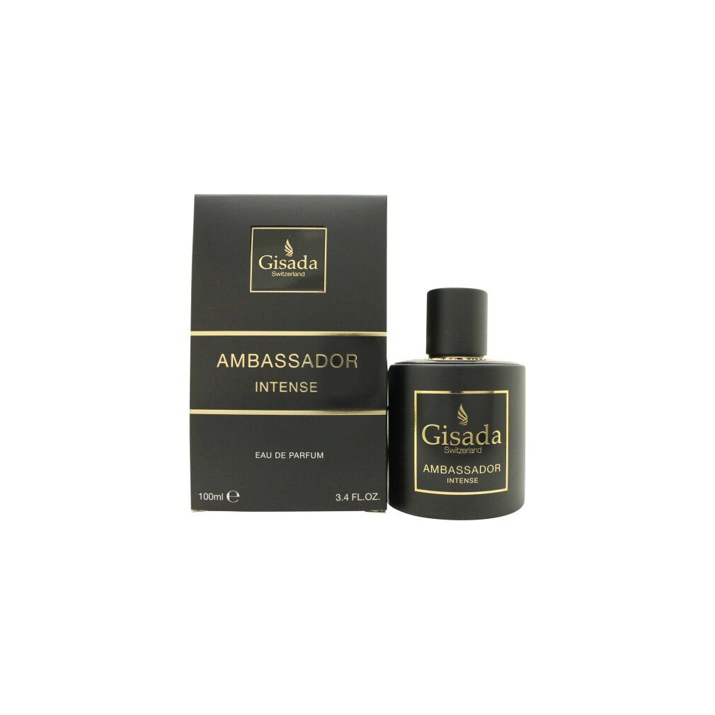 Gisada Ambassador Intense Eau de Parfum Set mit schwarzer Box und Flakon.