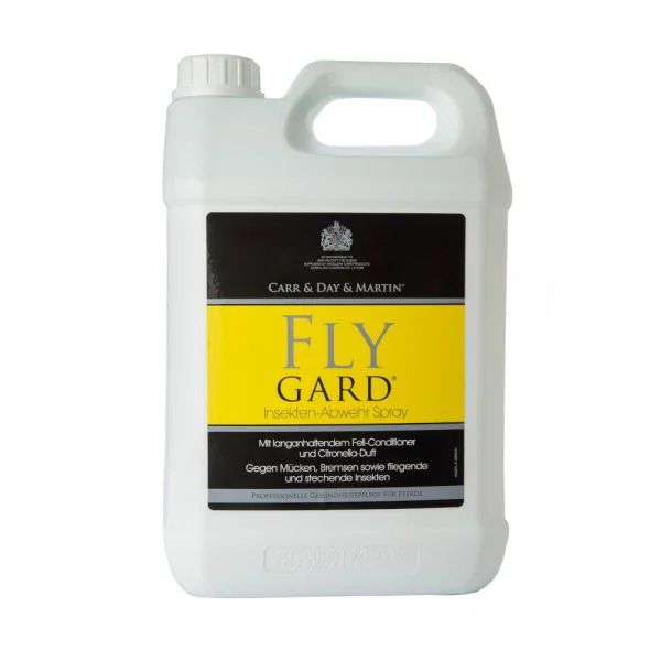 Weißer Kanister mit schwarzem Etikett für Carr & Day & Martin Fly Gard Insektenabwehrspray.