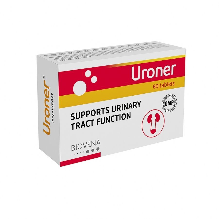 Weißer Karton mit roter und gelber Beschriftung. Aufschrift: Uroner, 60 Tabletten. Unterstützt die Harnwegsfunktion. Mit OMP-Siegel.