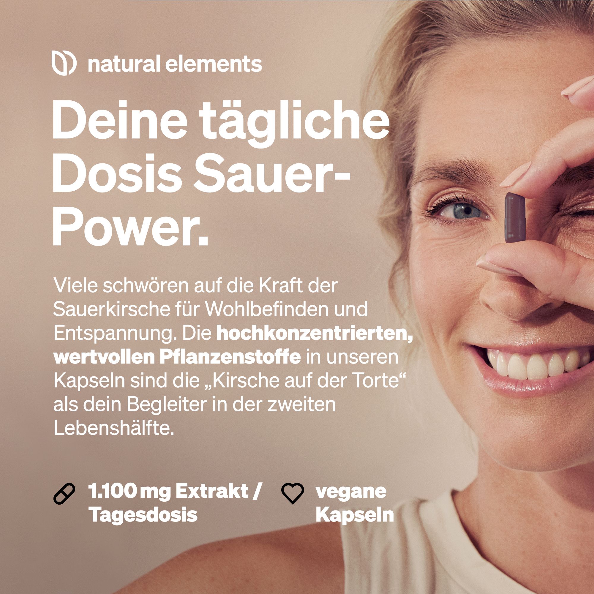 Frau hält Kapsel. Text: 1.100mg Extrakt / Tagesdosis, vegane Kapseln. Marke: natural elements.