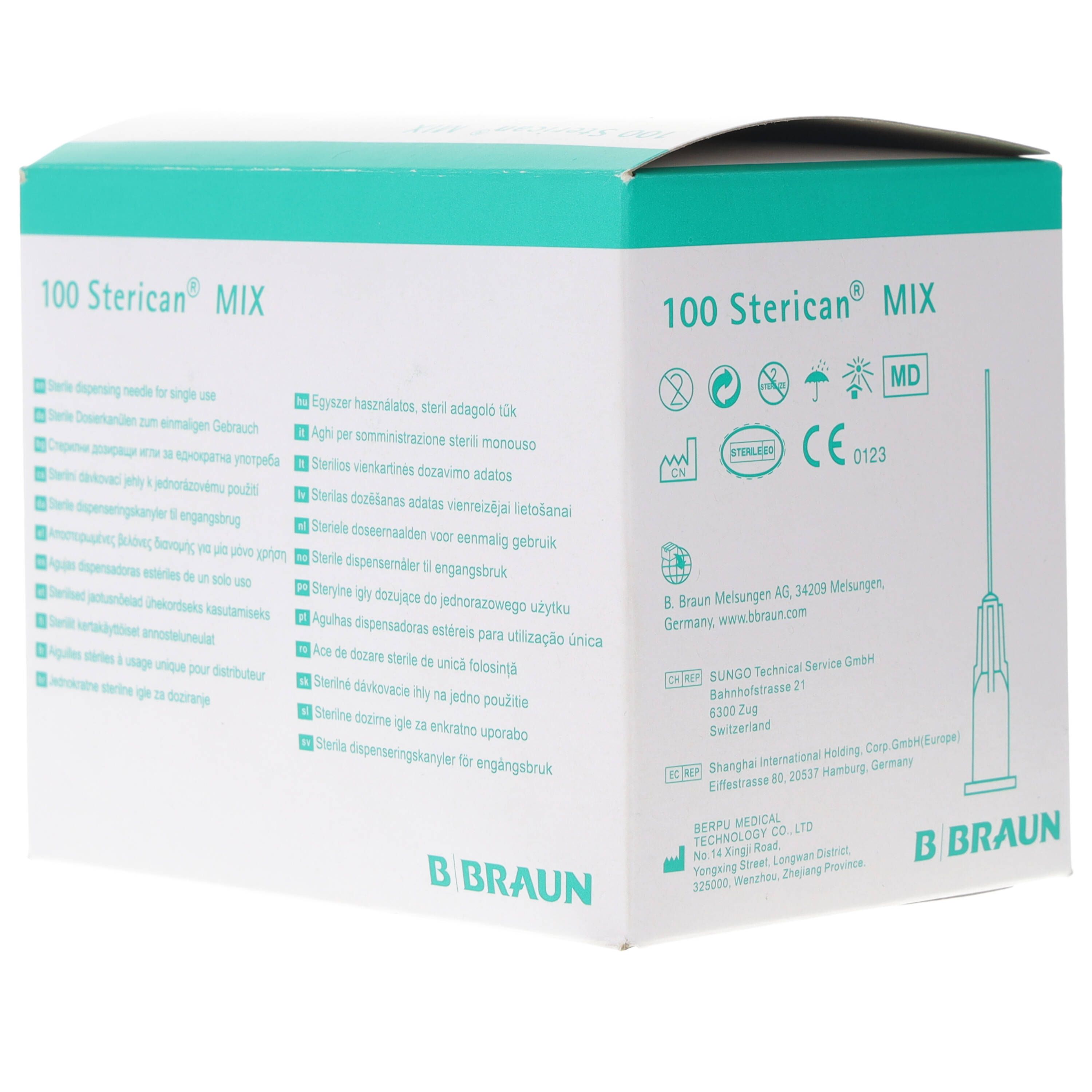 Packung mit 100 Sterican Mix Kanülen. Produktinformationen und CE-Kennzeichnung. B. Braun Logo.