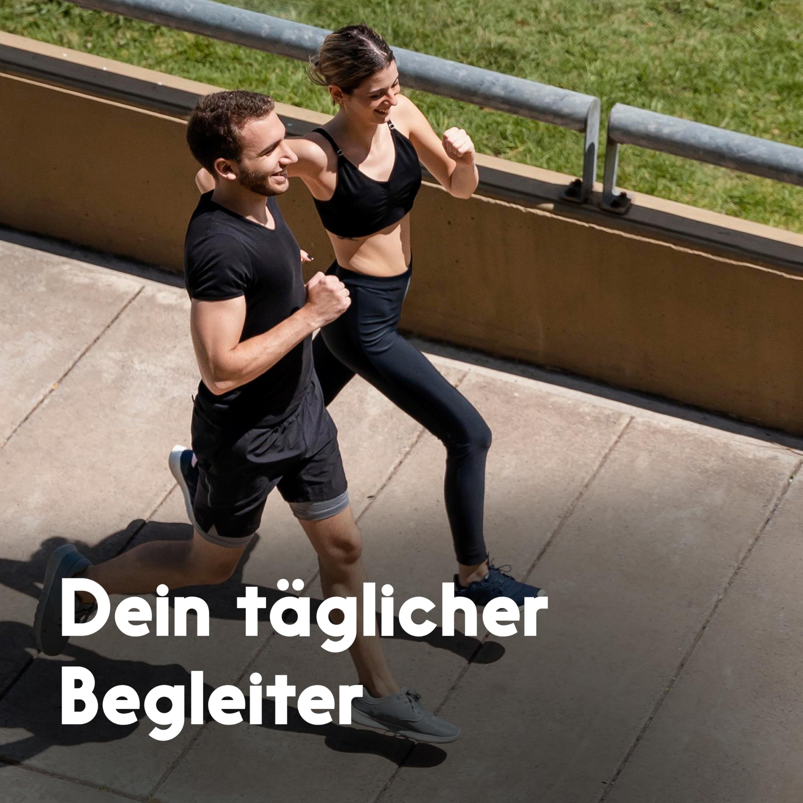Zwei Personen joggen im Freien. Text: "Dein täglicher Begleiter".