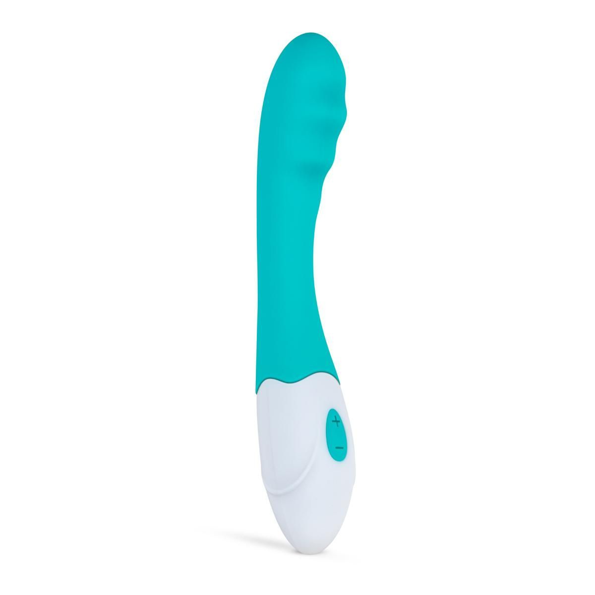 Türkis-weißer Vibrator. Produkt mit abgerundeter Form und Bedienknopf.
