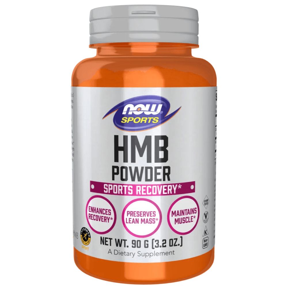 Barattolo arancione di polvere HMB. Scritte: NOW SPORTS, HMB POWDER, SPORTS RECOVERY. Peso netto 90 g. Integratore alimentare.