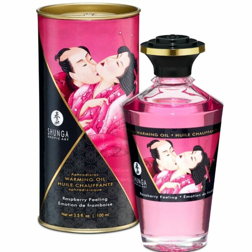 Frambozen massageolie met verpakking. Fles en doos met illustraties. Opschrift: Shunga, Warming Oil.