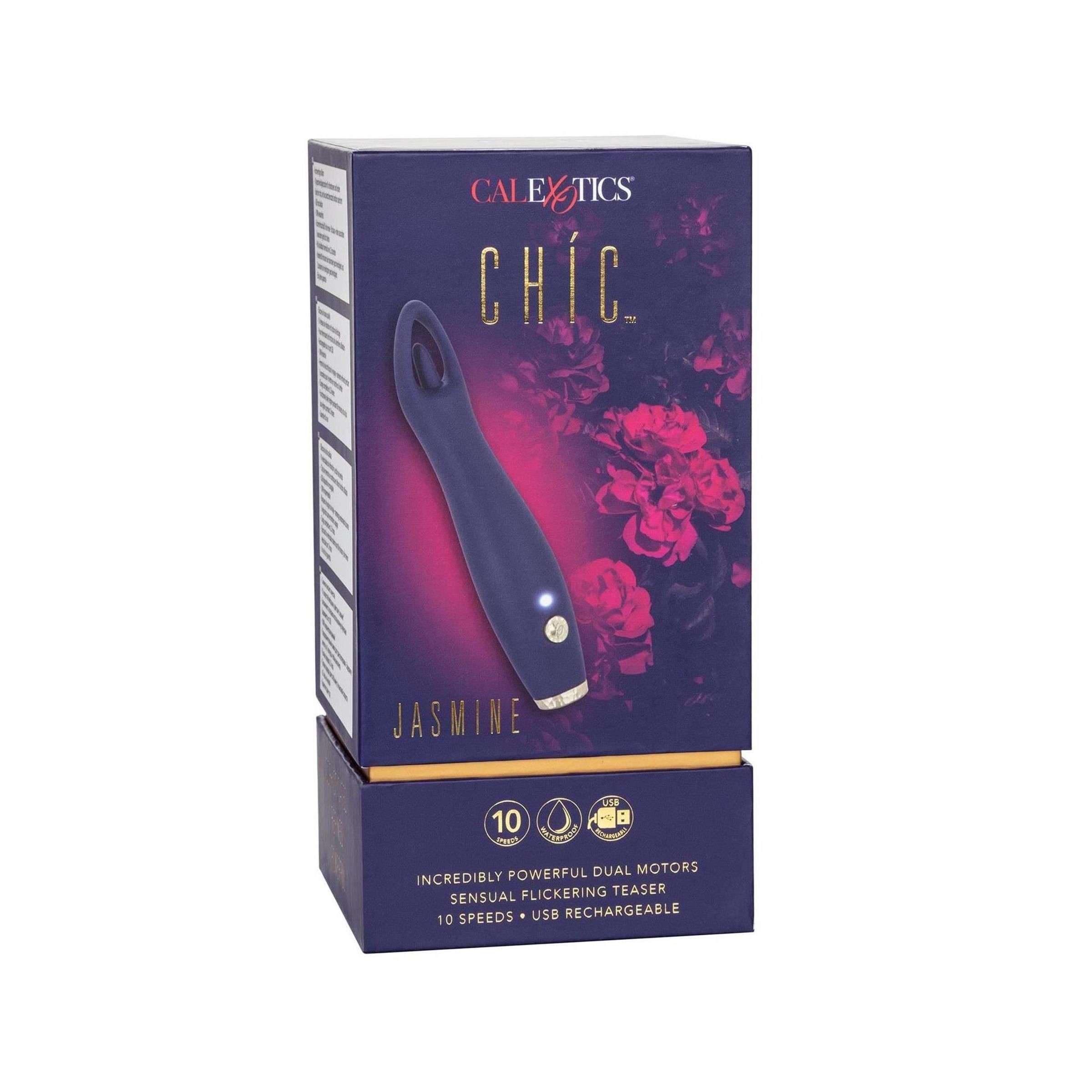 Verpackung von CalExotics Chic Jasmine. Dunkelblauer Hintergrund mit Produktabbildung. Text: 10 Geschwindigkeiten, USB.