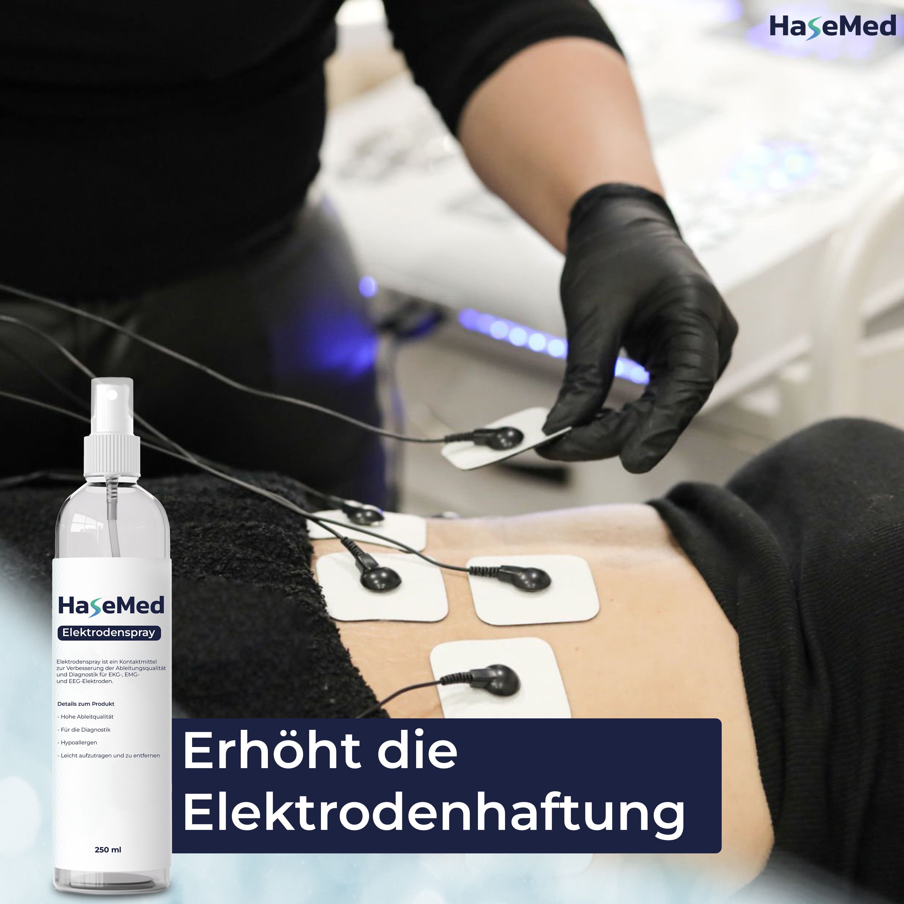 Person mit Elektroden auf dem Rücken. HaseMed Elektrodenspray daneben. Text: Erhöht die Elektrodenhaftung.
