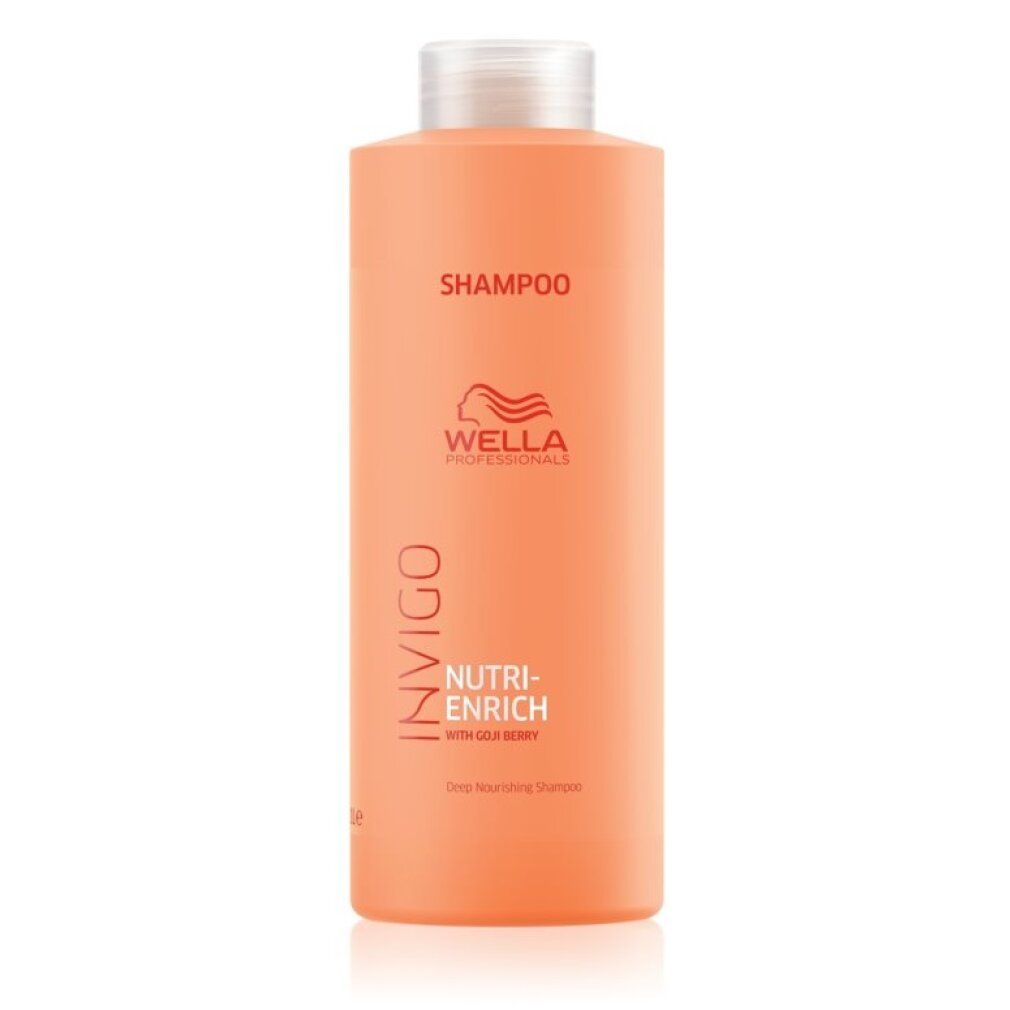 Wella Invigo Nutri-Enrich Shampoo. Orangefarbene Flasche mit weißem Deckel. Schriftzug: Invigo, Nutri-Enrich, Shampoo.