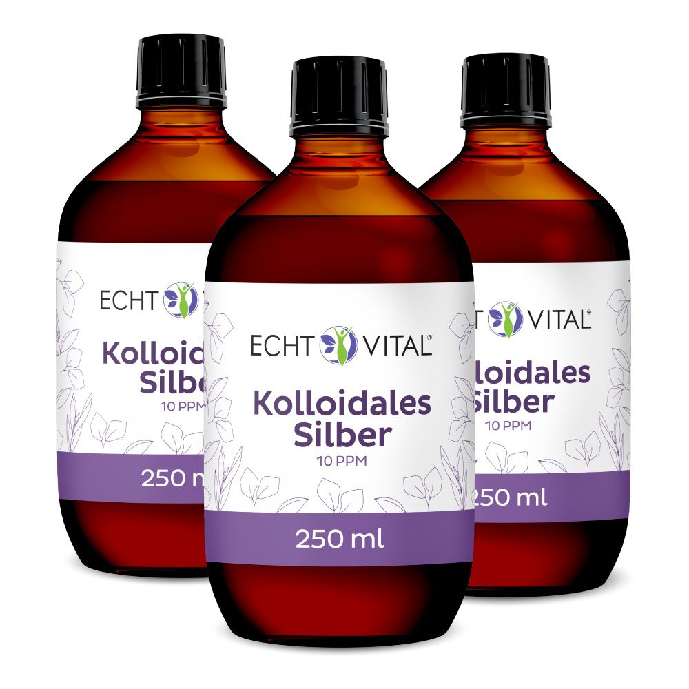 Drei Flaschen Echt Vital Kolloidales Silber. Braune Glasflaschen mit schwarzem Deckel und Etikett. 250 ml.