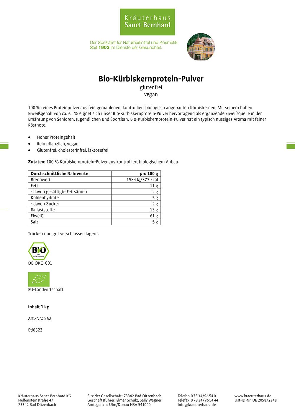 Sanct Bernhard Bio-Kürbiskernprotein-Pulver 1 kg Pulver