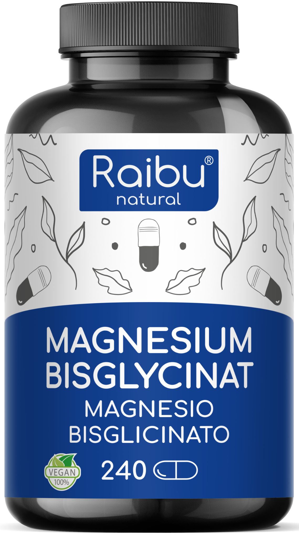 Schwarze Flasche mit weißem Etikett. Aufschrift: Magnesiumbisglycinat, 240 Kapseln. Vegan-Siegel.