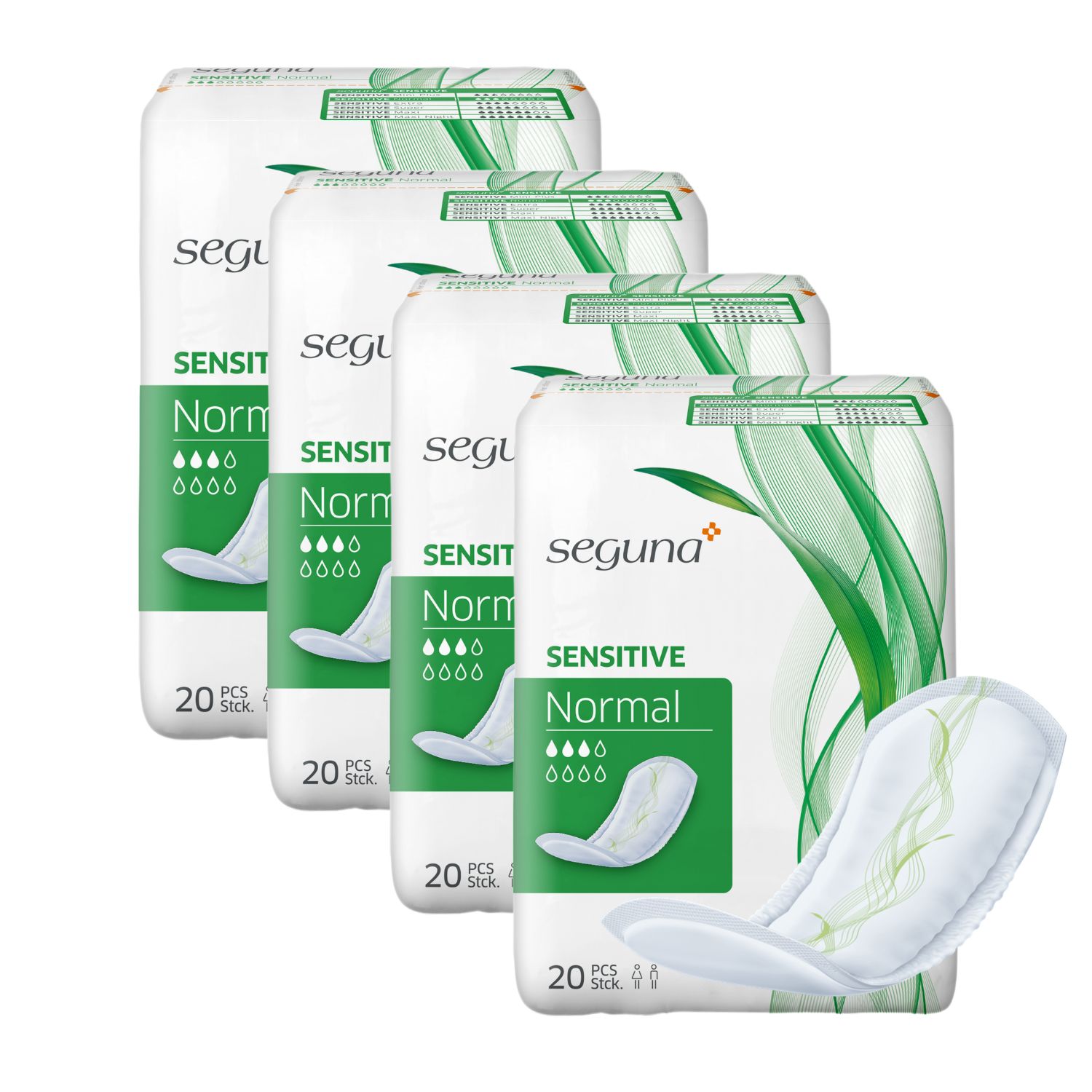 Mehrere Packungen SEGUNA Sensitive Normal. Jede Packung enthält 20 Stück.