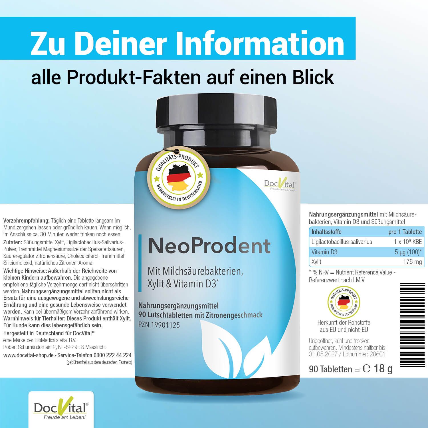 DocVital NeoProdent Flasche mit 90 Lutschtabletten, Zitronengeschmack, mit Nährwertangaben.