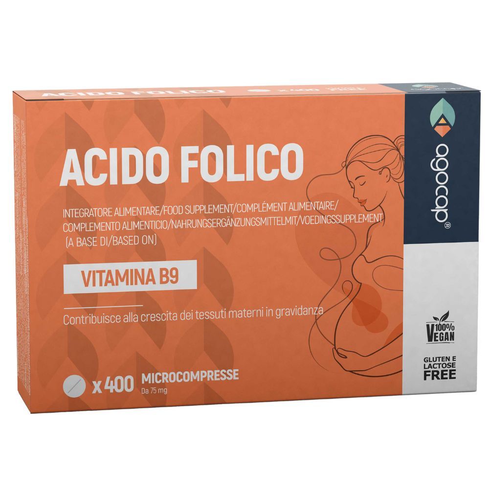 Schachtel mit "Acido Folico" und "agocap" Logo. Enthält 400 Mikrotäfelchen. Vegan, gluten- und laktosefrei.