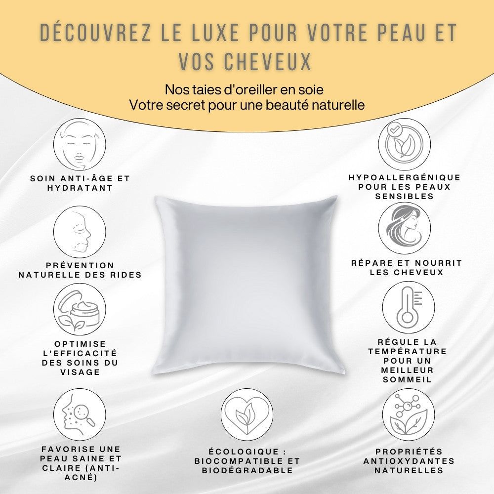Qualité de soie certifiée. Oreillers, drapeau français, certificats, texte : 100% soie de mûrier.