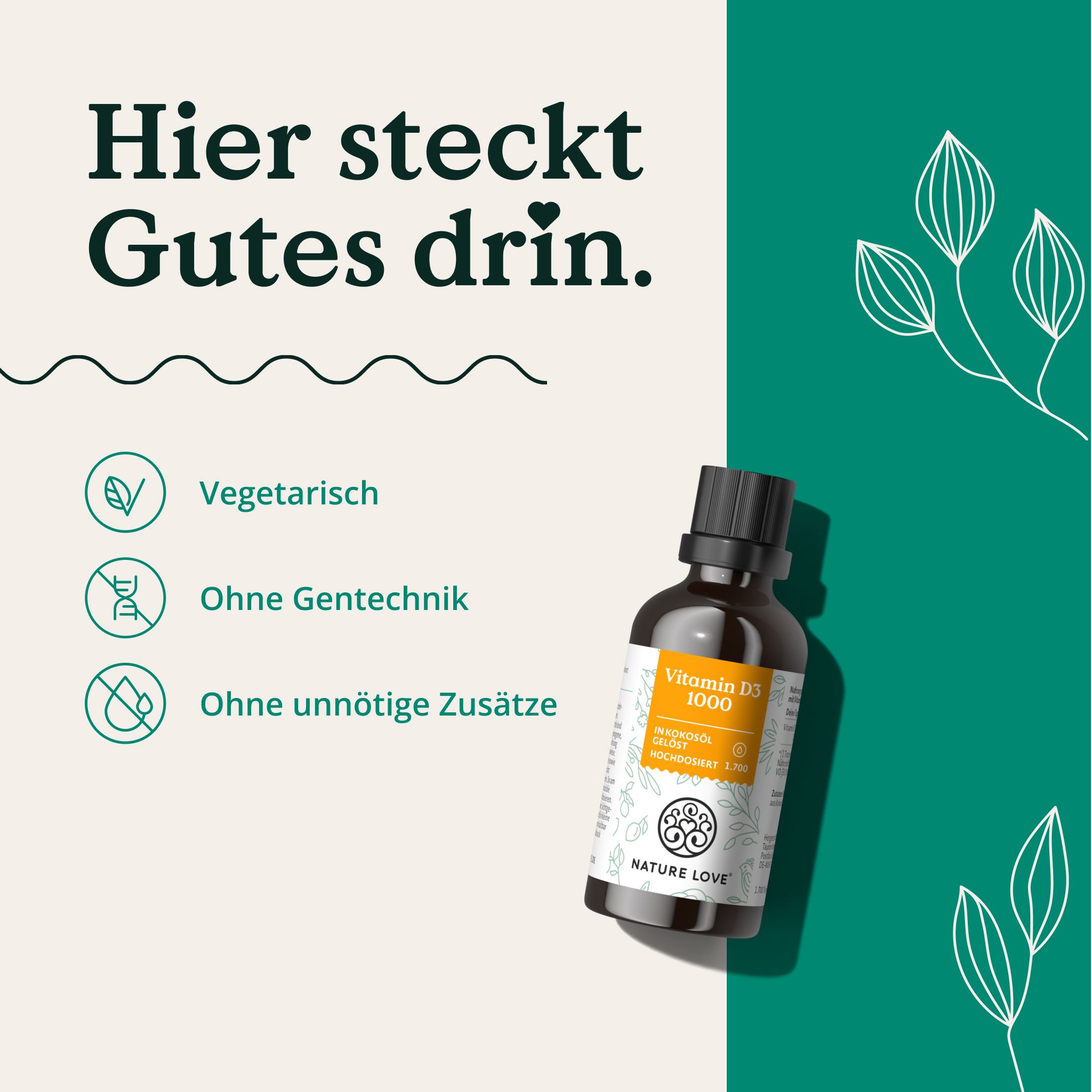 NATURE LOVE® Vitamin D3 1000 (50ml flüssig) – Laborgeprüfte 1000 I.E. pro Tropfen – in MCT-Öl Kokos