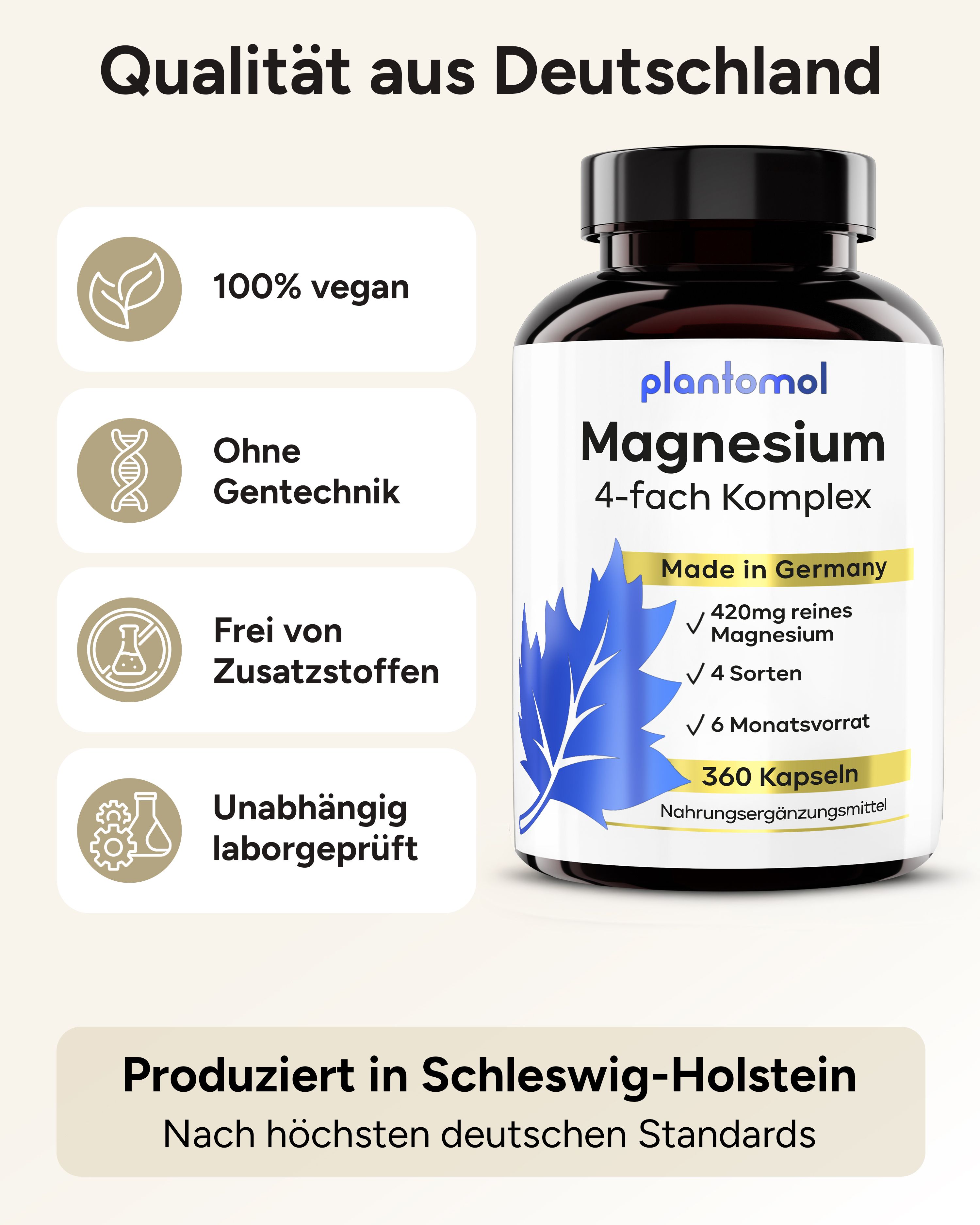 plantomol Magnesium 4-fach Komplex Flasche. 100% vegan, ohne Gentechnik, ohne Zusatzstoffe, laborgeprüft.