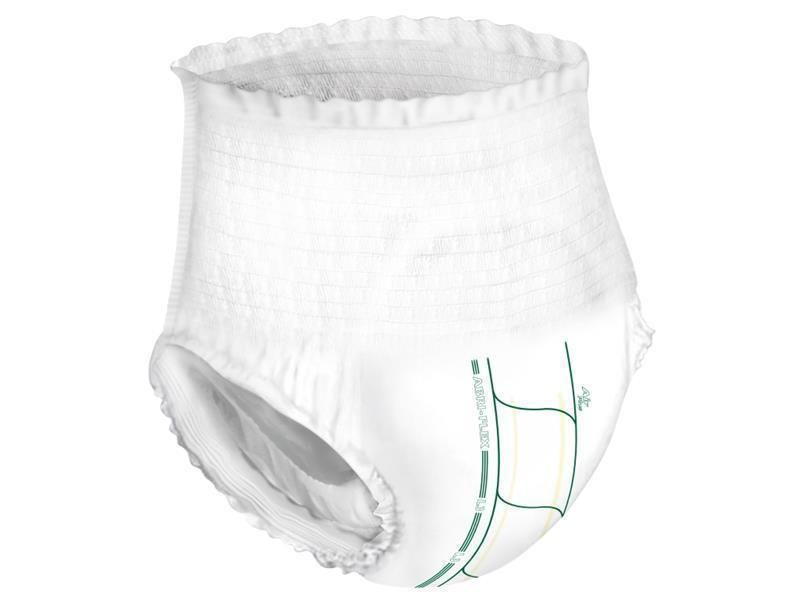Weiße Inkontinenzhose. Elastischer Bund und Beinabschlüsse. Grüne und gelbe Markierungen. Produktmerkmal.