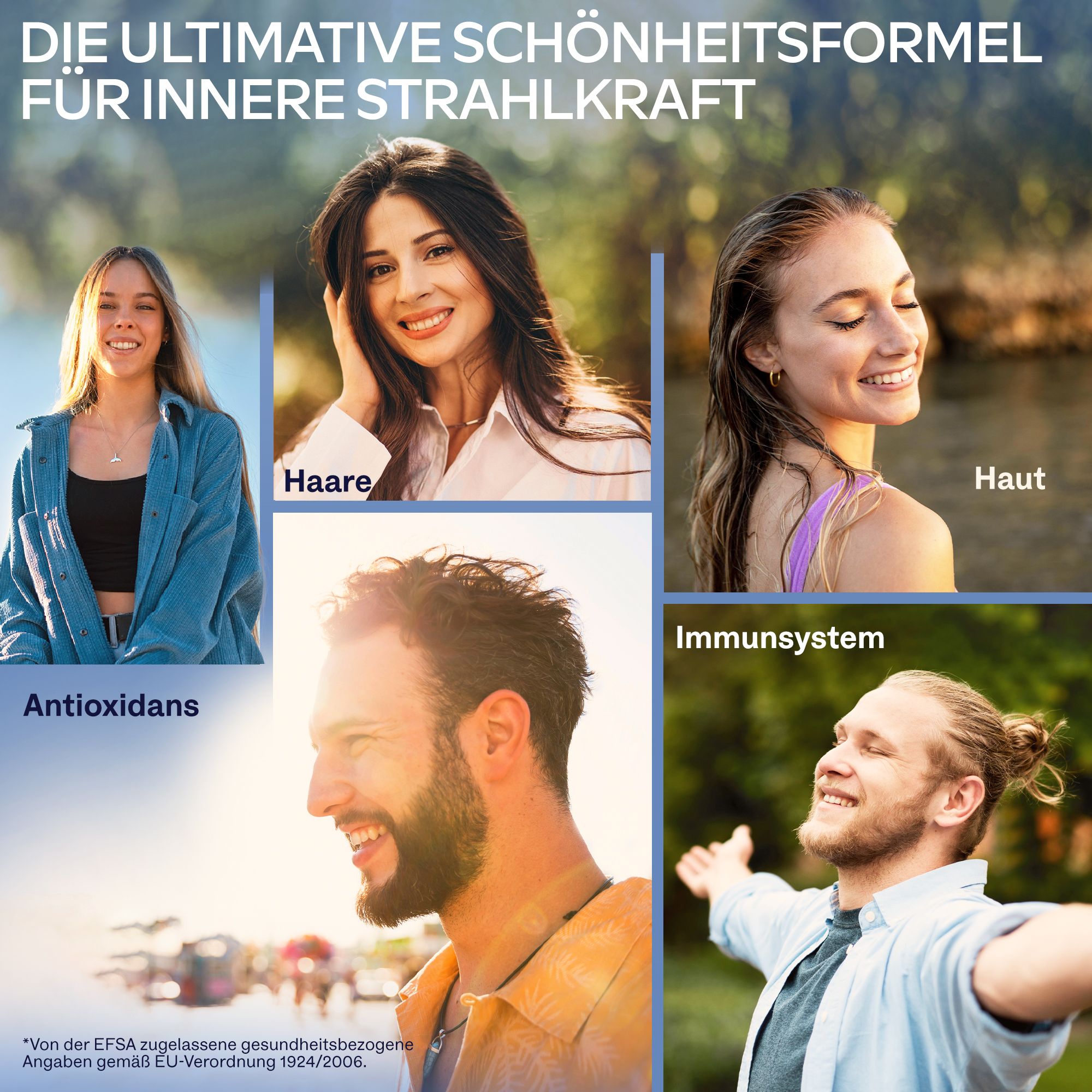 Collage von Personen, die gesunde Haut, Haare und Immunsystem zeigen.
