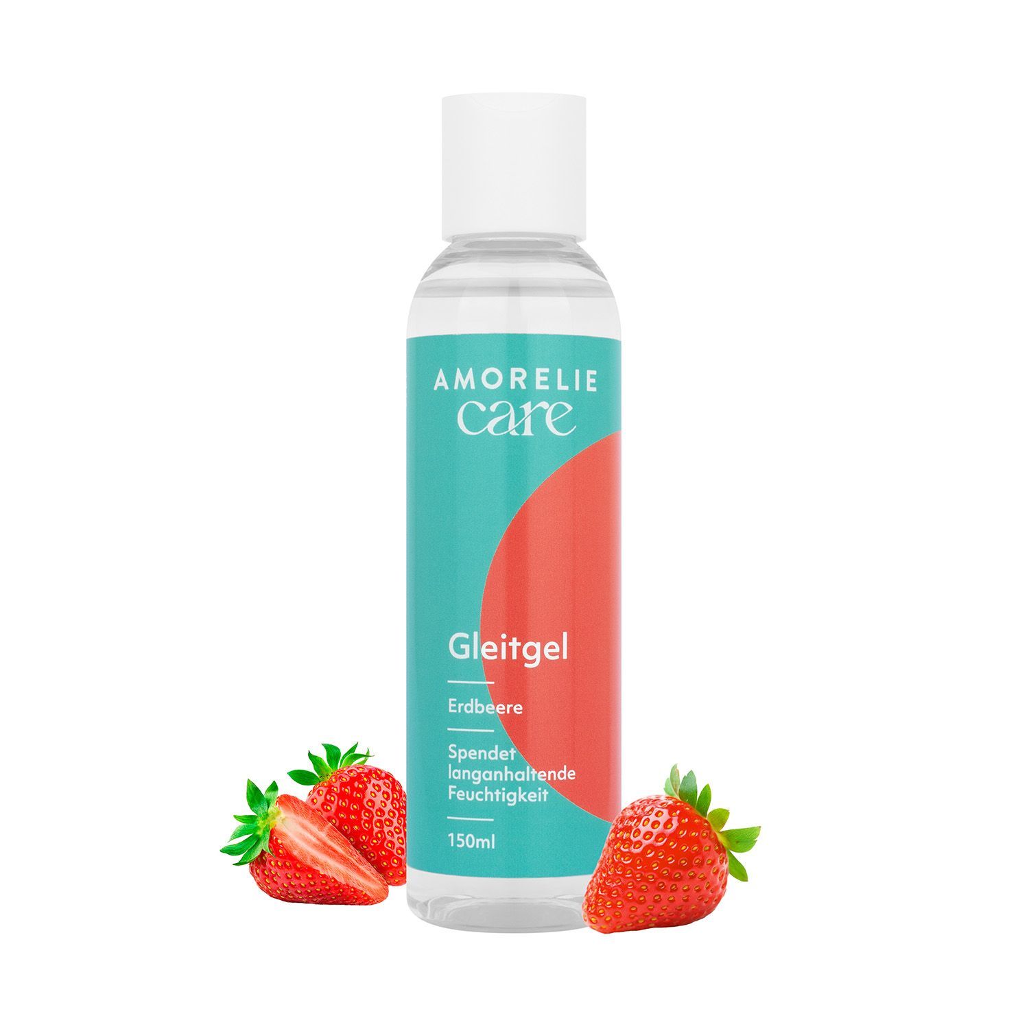 Flacon transparent avec bouchon blanc. Inscription: AMORELIE care, Gel lubrifiant Fraise. Fraises à côté.