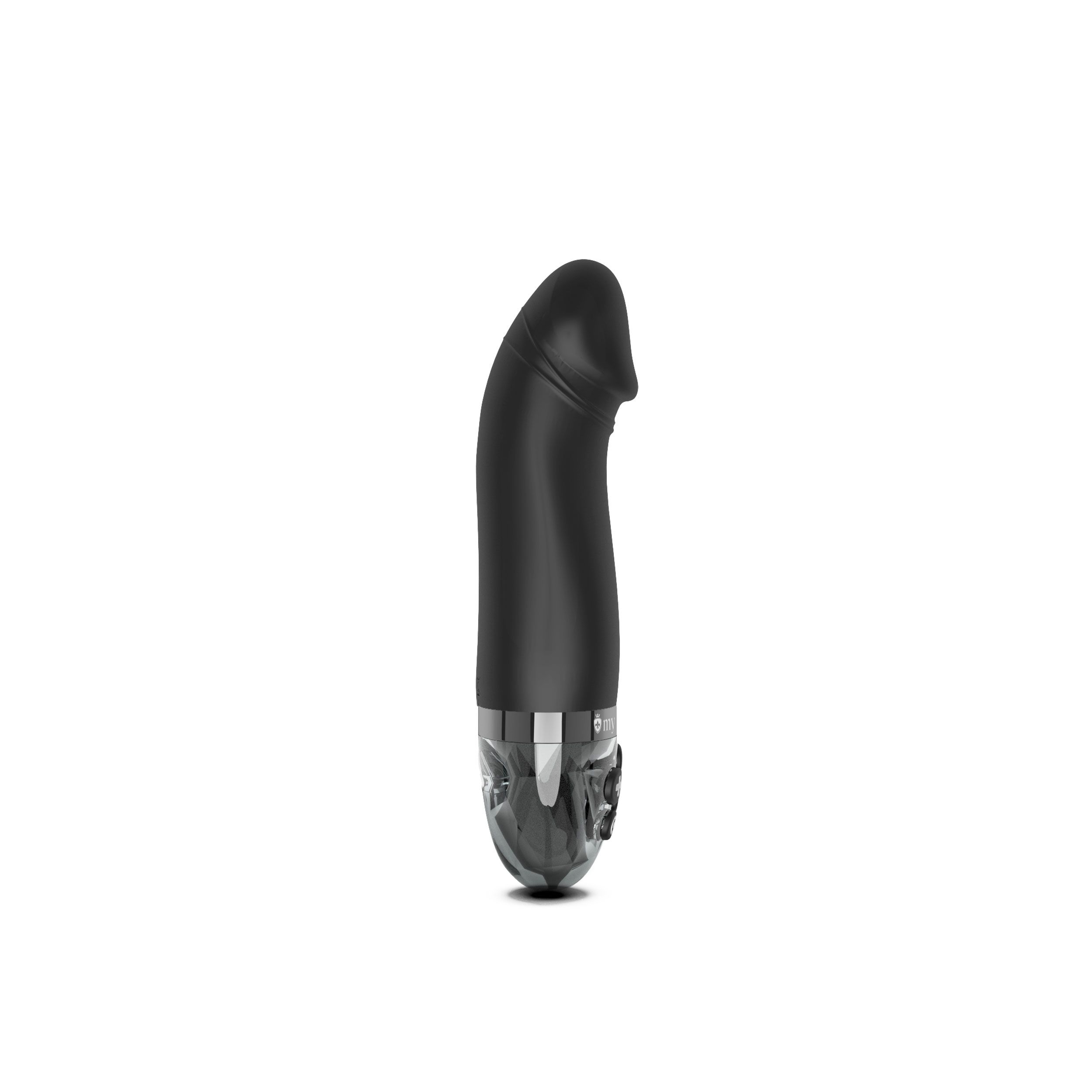 Schwarzer eStim-Vibrator. Gebogene Form. Transparentes Ende. Bedienknöpfe.