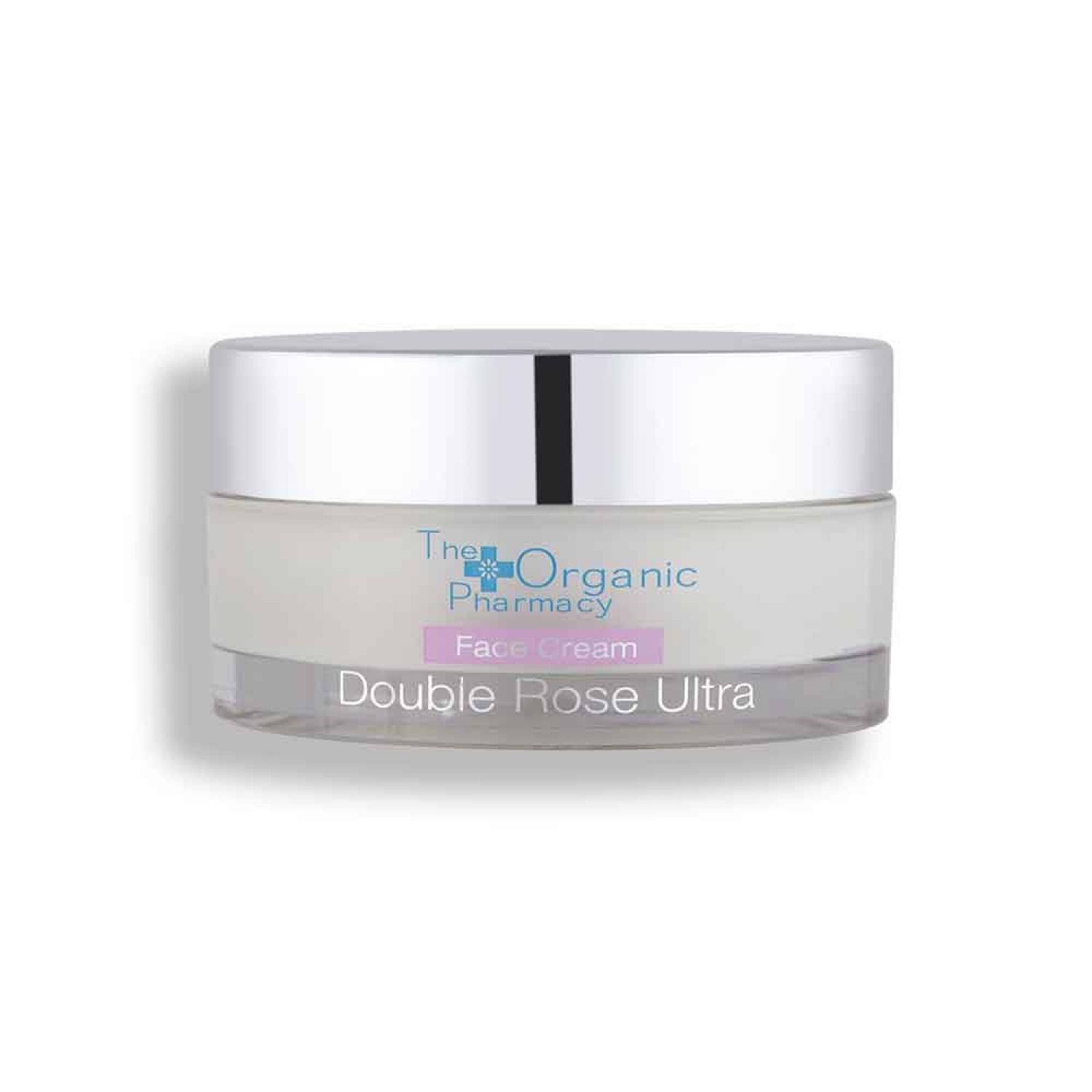 Creme-Glas mit silbernem Deckel. Aufschrift: The Organic Pharmacy, Face Cream, Double Rose Ultra.