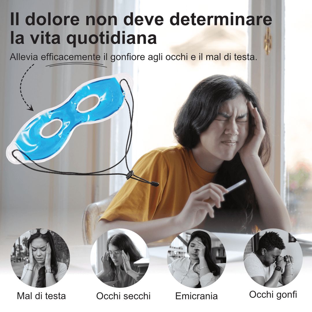Donna con maschera per gli occhi, si tiene la testa. Testo: Allevia gonfiore e mal di testa. Quattro piccole immagini.