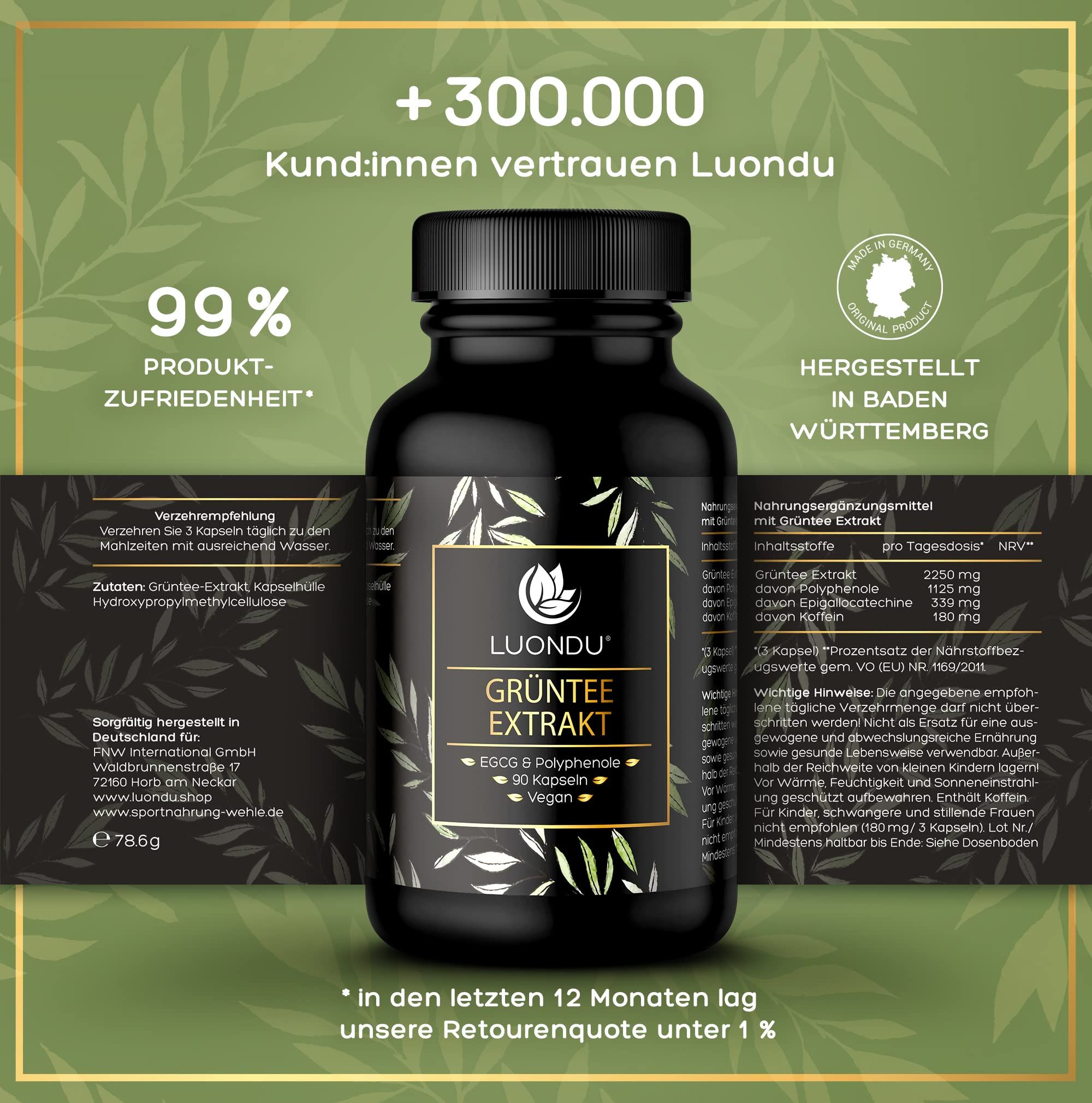Luondu Grüntee Extrakt Kapseln Hochdosiert - 90 Kapseln - 30 Tage Vorrat