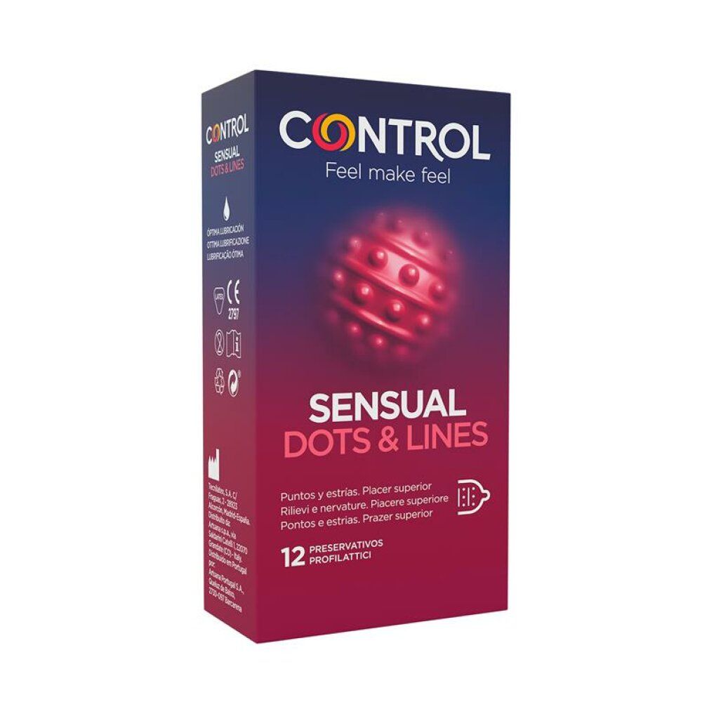 Control SENSUAL Dots & Lines Verpackung. Rechteckige Schachtel mit Produktnamen und Abbildung. 12 Kondome.