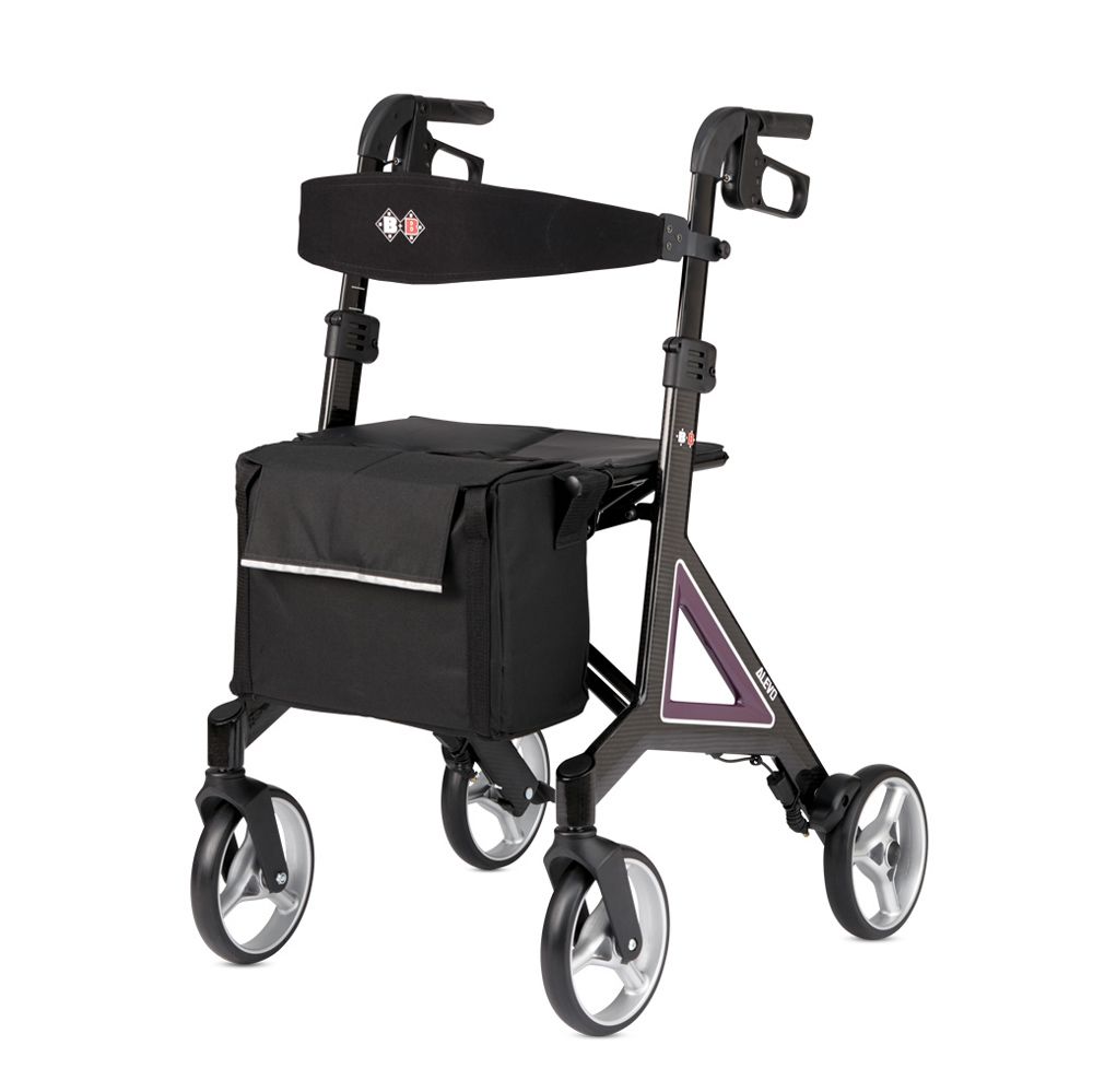 Leichter Rollator mit Sitz, Tasche und höhenverstellbarem Griff. Schwarzes Design mit silbernen Akzenten.